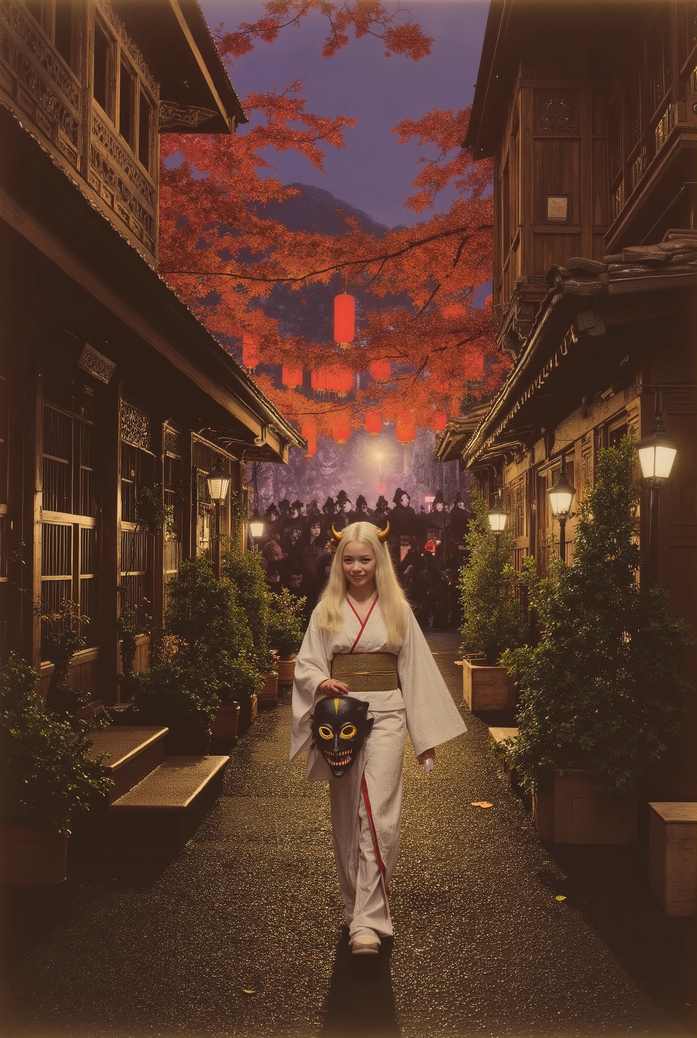 Late at night, a lone girl, walks towards the viewer along a narrow, illuminated alleyway of an old Japanese street, dressed in a white kimono with intricate lace detailing, tied at the waist with a golden obi. in one hand she holds an Oni mask. The mask features menacing, gold-colored eyes, sharp teeth, and two prominent golden horns. Her long white hair cascades down her shoulders. Her head is slightly lowered forward and she looks at the viewer from under her brows with a piercing gaze, smiling mysteriously. The alley is framed by traditional Japanese buildings with dark wooden structures, adorned with numerous red paper lanterns, and lush greenery. orange foliage from overhanging trees bathes the scene in warm light, contrasting with the cool, deep blues and purples of the shaded areas. The buildings show intricate detailing, like traditional Japanese artwork. The background buildings are slightly blurred, providing depth, and the sky is a gradient of deep purples and reds. A blurred background reveals a crowd of people, in various Oni demon costumes, illuminated by red paper lanterns. The mood is mysterious and alluring, evoking a sense of ancient traditions and supernatural elements. Masterpiece. Ultra-detailed. High quality. Hyperrealism. Intricate details