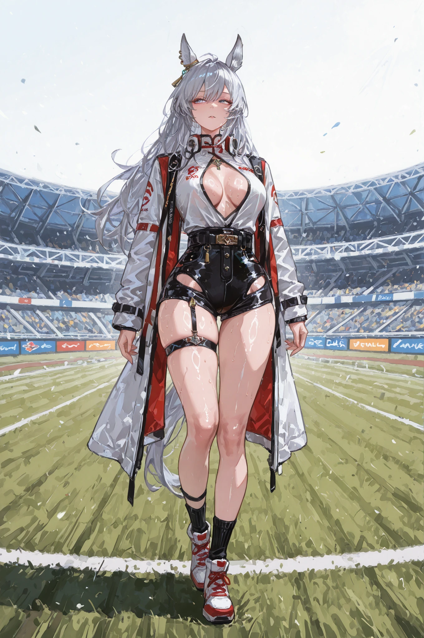 lawnの上、racecourse、緑のlawn、新緑のlawn、、Yee Xuan、collapse Starrail、Racecourse、Uma Musume、horse ear、Jirio Mahonoko、 A sophisticated eye 、Full Body、GBF_style、748cm style for bigi、32K、Semi Realistic、  super detailed description on the front 、art work、Original Work、 Detailed Color、 detailed eyes、 detailed face 、Detailed Eyes、detailed eyes、Exquisite eyes, The best傑作、professional job、Beautiful , Lots of Piercings, pop art, shiny skin, realistic skin, The best, long hair, blue eyes,    cool look, narrowed her eyes, viewers, Silver Hair、lawn、Racecourse、Turf、Race Course 、Dynamic Pose 、緑のlawn,Racecourse、lawn、Black Knee Socks、緑のlawn、black hotpants、black hotpants、black tights、lawnの上、frustrated、Three-quarter sleeves、3/4 sleeve long coat、Red and white coat 、red and white two-tone coat、Garter Belt for One Leg、Yee Xuan、open  clothes