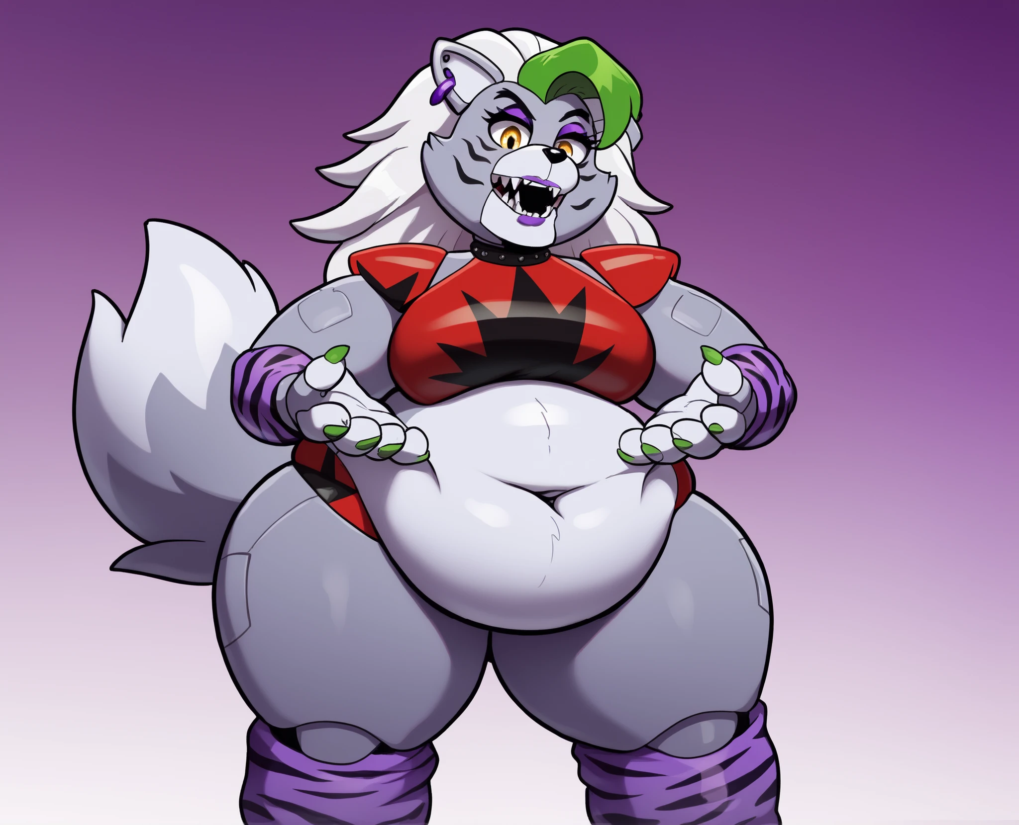 Roxanne Wolf from fnaf, Very sexy, cute, purple lip stick,  Paws, Paws claws, purple claws on feet ,green claws on hands, purple leg warmers leopard print, Masterpiece, UHD, thunder thighs, very fat arms,  wide hips, full body shot, curve, no thigh gap, bbw, big sharp teeth, double chin, fat butt, fat hanging gut, wide body, belt,,  gut,  T-shaped  belly  button, clean line work, eyes black pupils,,submissive,, short legs, 3 toes, intimidating expression, has huge giant breasts,  overweight, busty chest, huge, viewer looking up ,