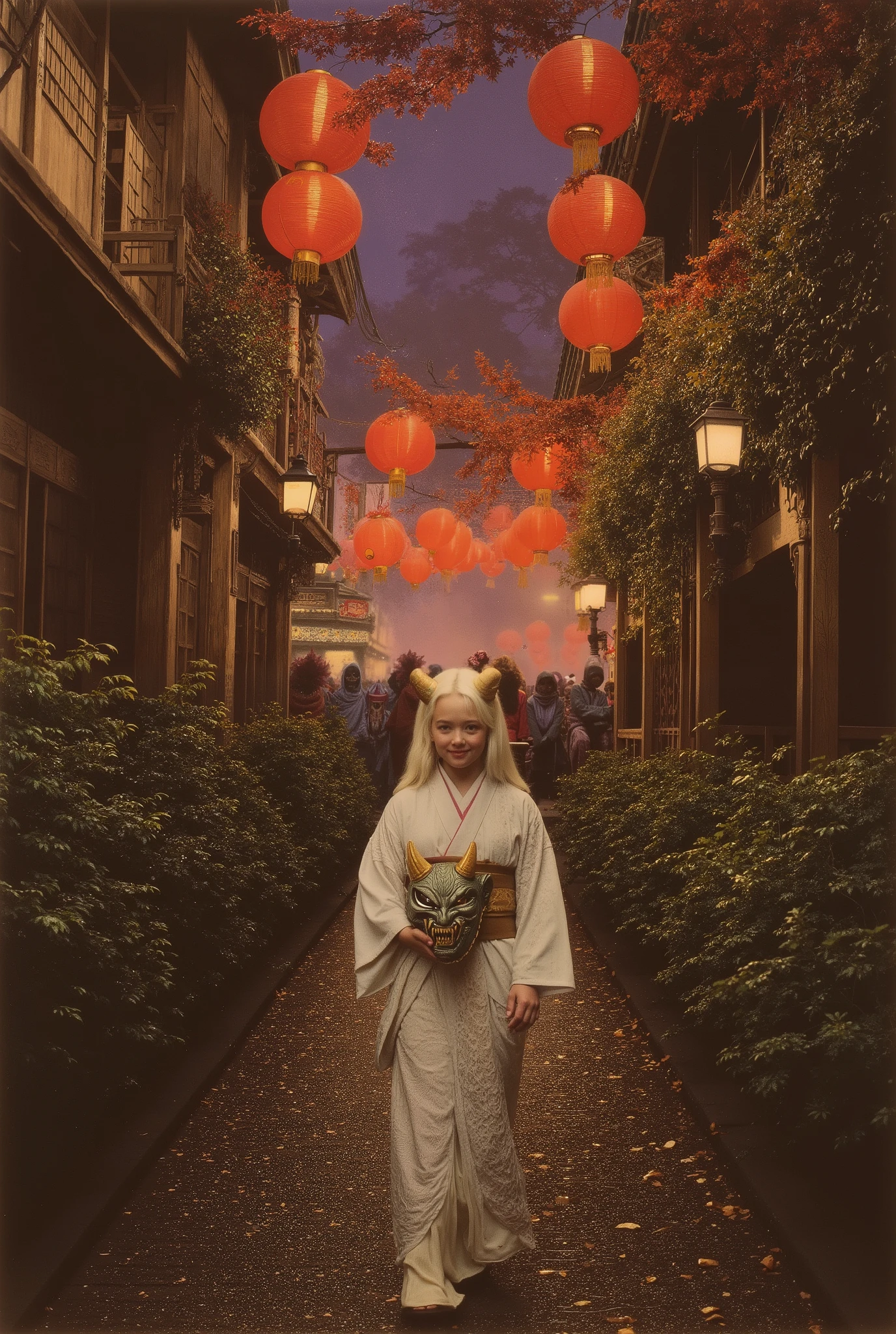 Late at night, a lone girl, walks towards the viewer along a narrow, illuminated alleyway of an old Japanese street, dressed in a white kimono with intricate lace detailing, tied at the waist with a golden obi. in one hand she holds an Oni mask. The mask features menacing, gold-colored eyes, sharp teeth, and two prominent golden horns. Her long white hair cascades down her shoulders. Her head is slightly lowered forward and she looks at the viewer from under her brows with a piercing gaze, smiling mysteriously. The alley is framed by traditional Japanese buildings with dark wooden structures, adorned with numerous red paper lanterns, and lush greenery. orange foliage from overhanging trees bathes the scene in warm light, contrasting with the cool, deep blues and purples of the shaded areas. The buildings show intricate detailing, like traditional Japanese artwork. The background buildings are slightly blurred, providing depth, and the sky is a gradient of deep purples and reds. A blurred background reveals a crowd of people, in various Oni demon costumes, illuminated by red paper lanterns. The mood is mysterious and alluring, evoking a sense of ancient traditions and supernatural elements. Masterpiece. Ultra-detailed. High quality. Hyperrealism. Intricate details