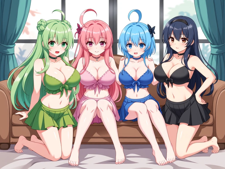 (masterpiece, best quality), ((uncensored)),Lum, 3 elven girls, ( collar bone, cleavage, navel,  thigh),  view from side, (light blue hair, twin tails ,very long hair , hair is shimmering), hair between eyes, multi colored hair,hair flower ornament ,blush,  aqua eyes, gradient eyes, superb smile ,pointed ears, , tiger print strapless vikini,japanese ryokan , walking, having a chat , tiger print shorts ,while walking