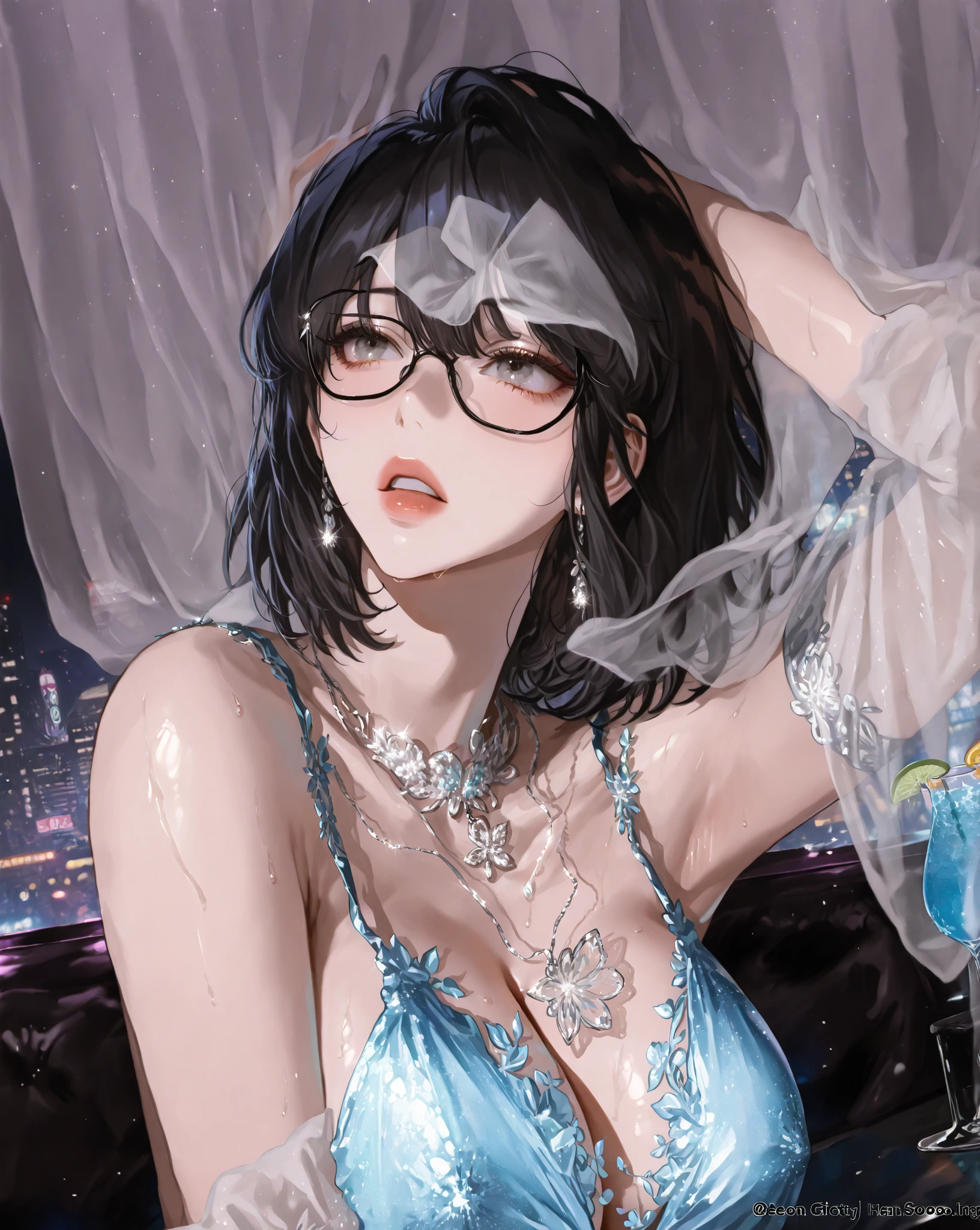 ((masterpiece)), Alone, beautiful adult woman, Han Sooyoung, Neon City at Night, blue cocktail dress, leg sticking out of the dress, pronounced hips, plunging neckline, big boobs, tight., short hair, gray eyes, dynamic pose