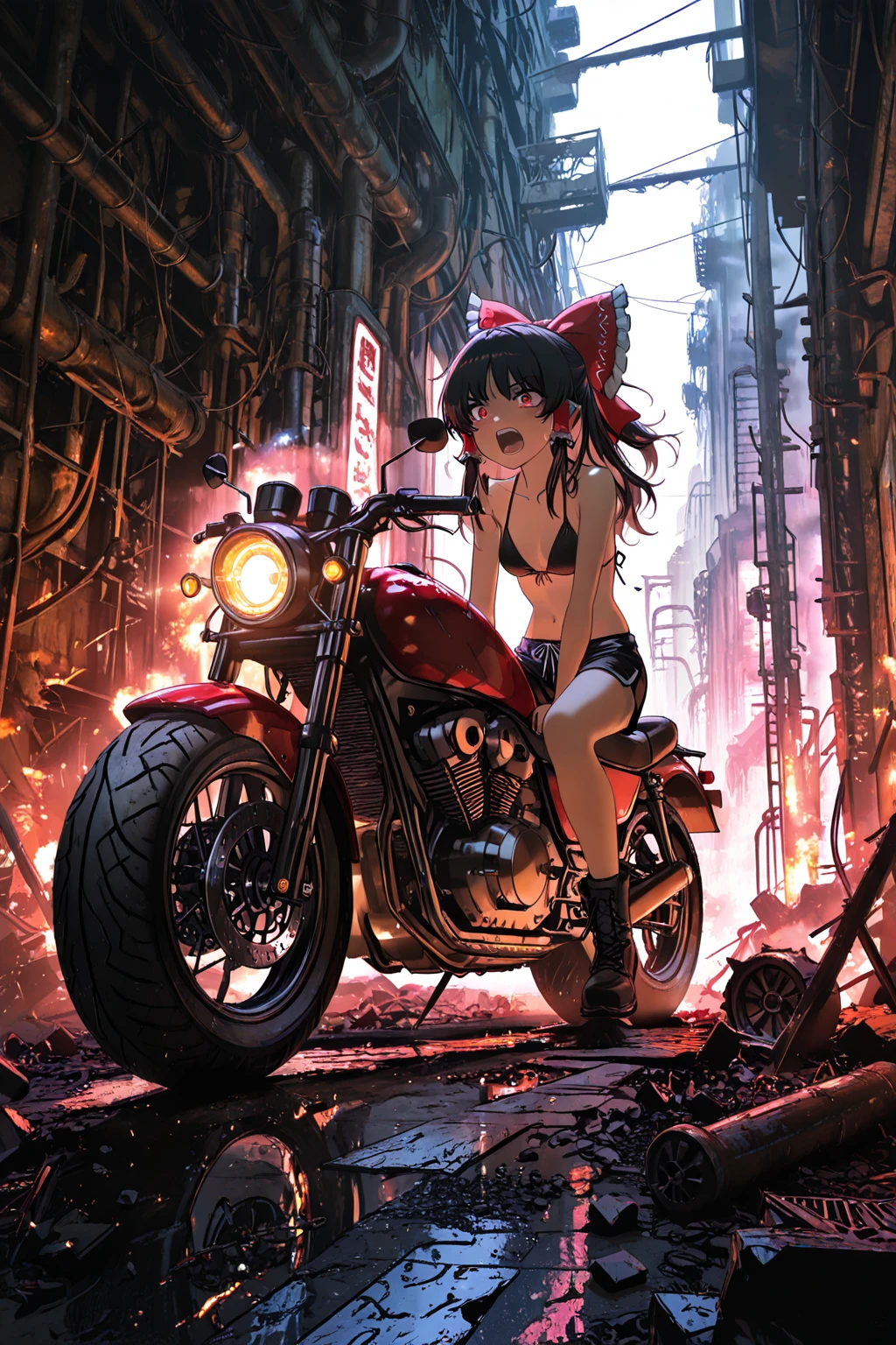 Short hair cute anine girl riding big motorcycle throwing fire