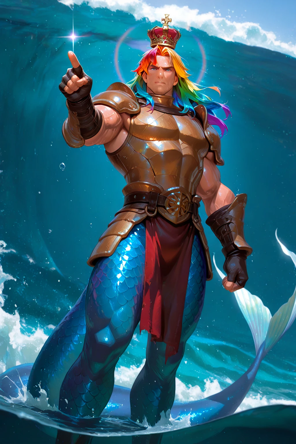 Realistic Art, Aquaman with a countenance of seriousness in a setting at the bottom of the lush ocean, observing the city of Atlantic highly technological --auto --s2