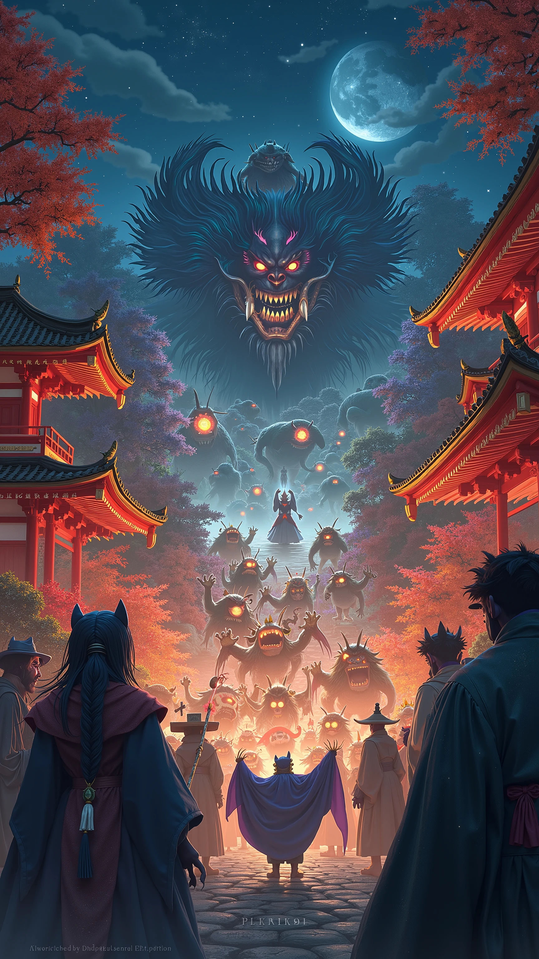 high-definition images、百鬼夜行、The Great Yo-kai War、鬼太郎と猫娘、Yo-kai and Japanese ghosts fight at Kiyomizu-dera Temple at night、Autumn in Kyoto