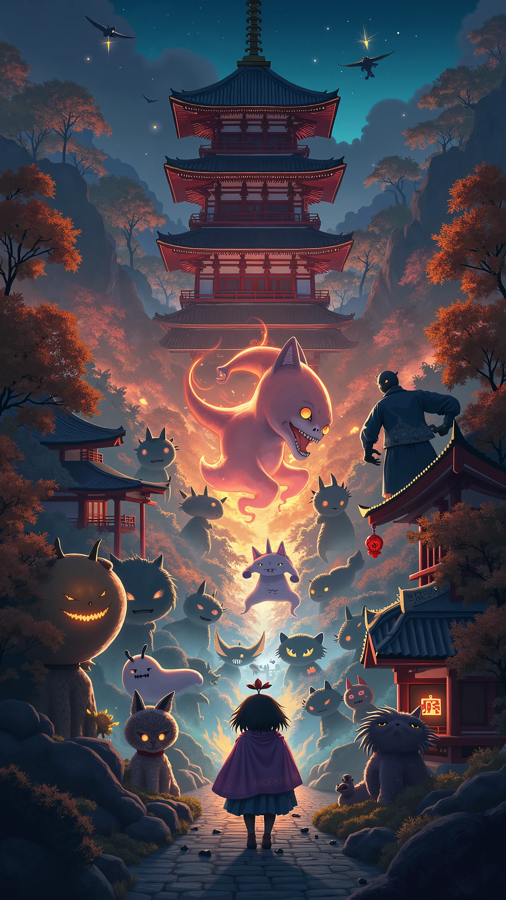 high-definition images、百鬼夜行、The Great Yo-kai War、鬼太郎と猫娘、Yo-kai and Japanese ghosts fight at Kiyomizu-dera Temple at night、Autumn in Kyoto