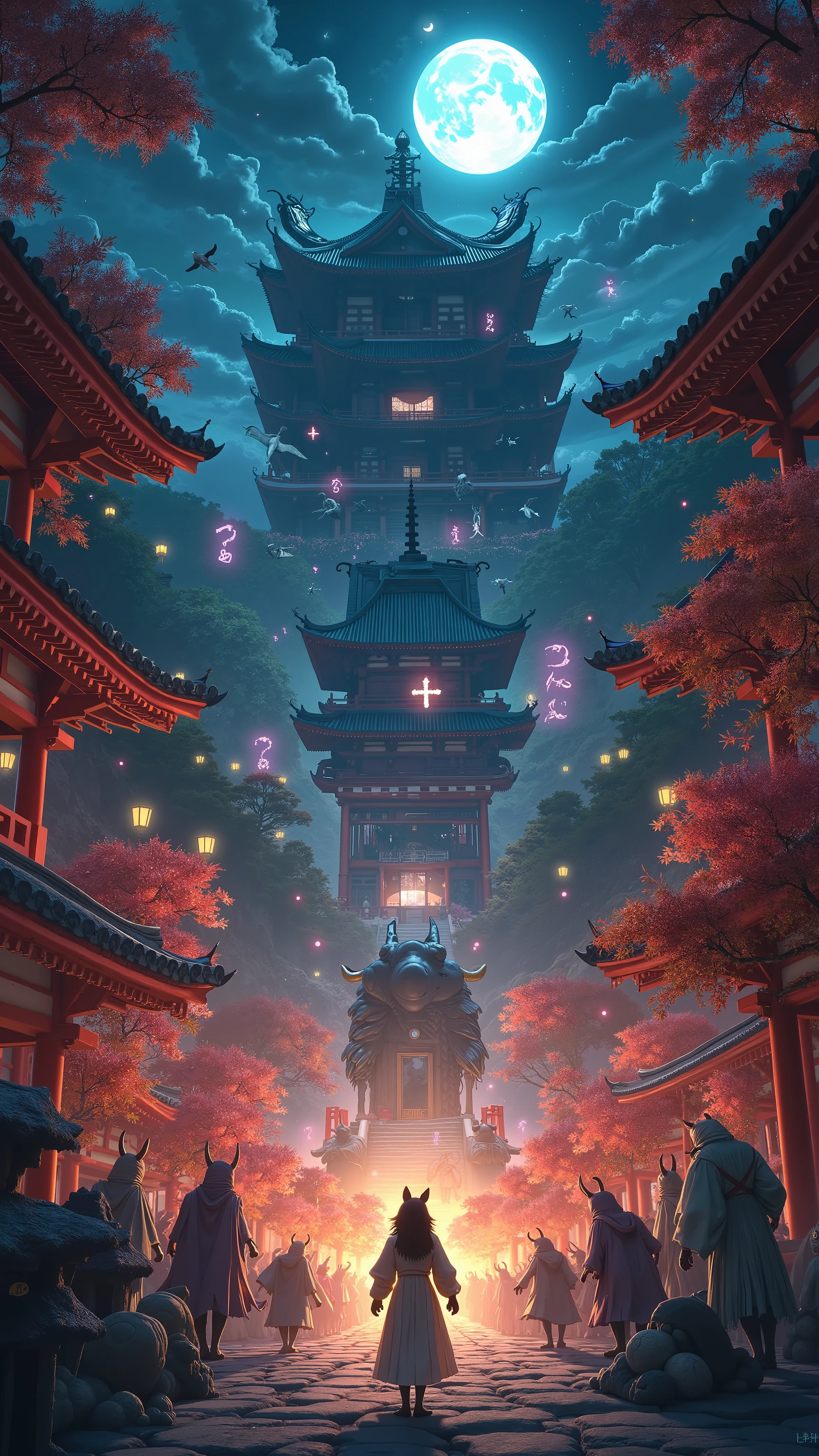 high-definition images、百鬼夜行、The Great Yo-kai War、鬼太郎と猫娘、Yo-kai and Japanese ghosts fight at Kiyomizu-dera Temple at night、Autumn in Kyoto