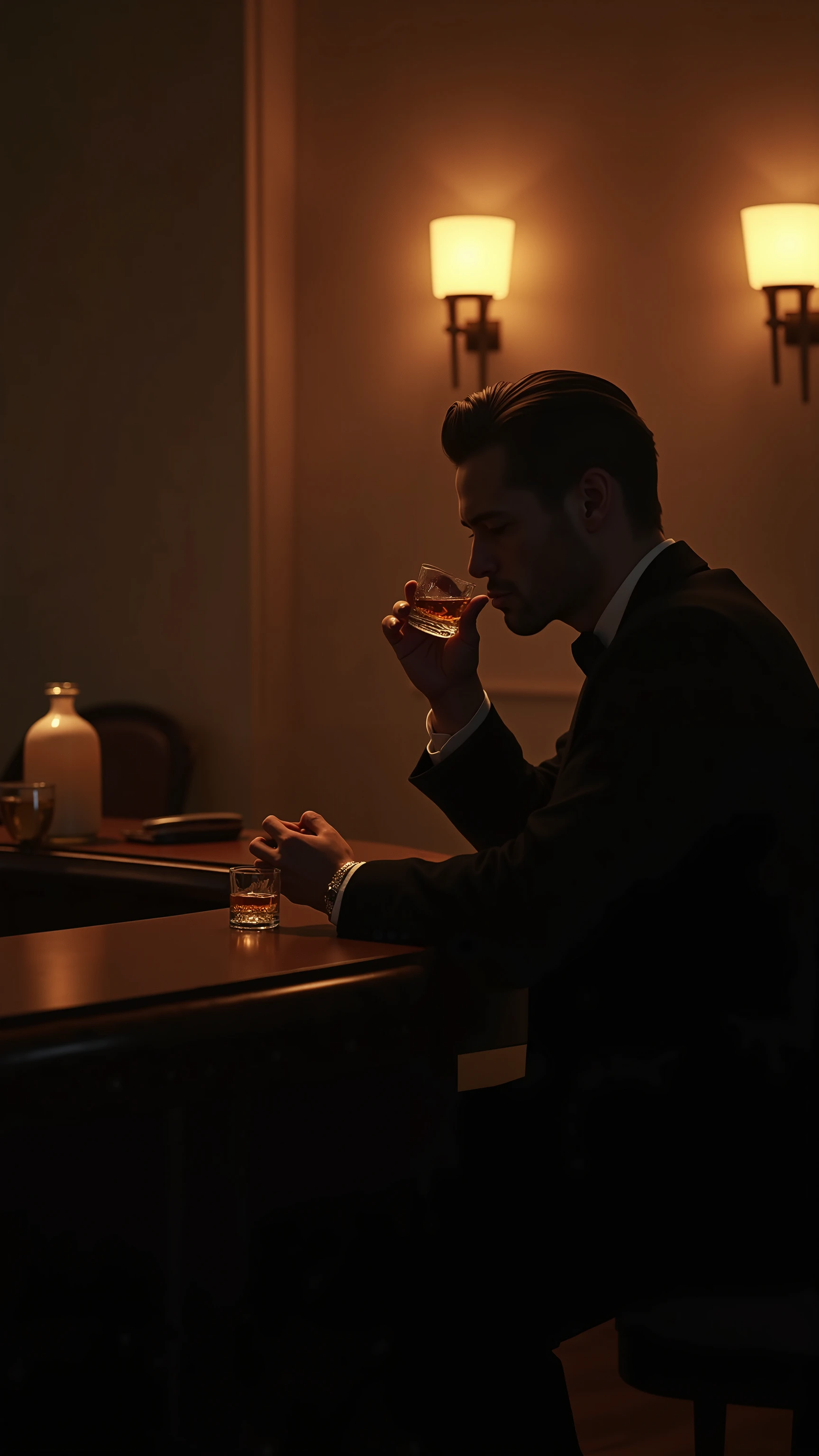 high-definition images、a club with only counter seats in New York、While the piano is playing、a gentleman drinks whiskey in a shot glass alone、