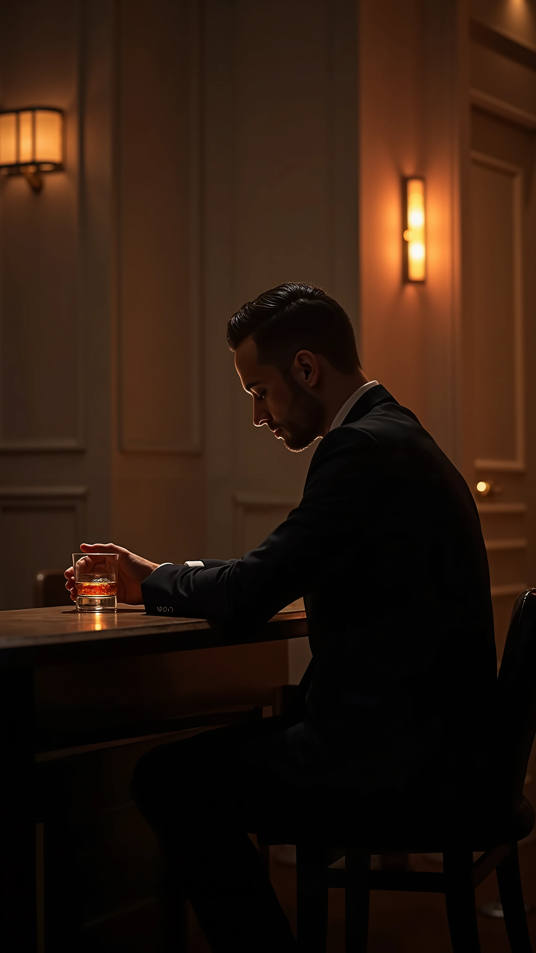 high-definition images、a club with only counter seats in New York、While the piano is playing、a gentleman drinks whiskey in a shot glass alone、