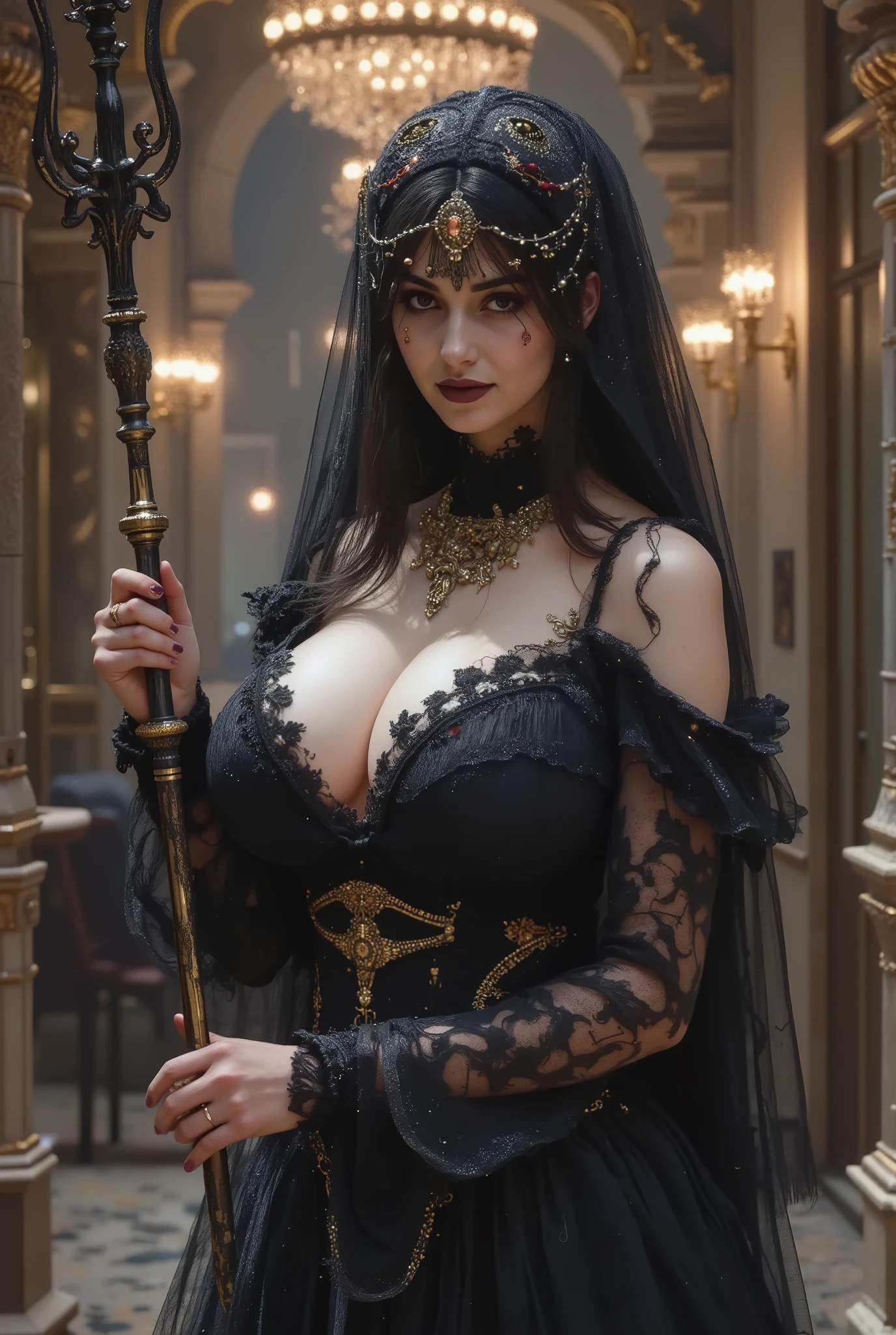 Wonderful breast,A woman in a gothic dress and a black veil looks down at us through a gap in the veil. giant breasts.The veil covers her face, and her eyes are faintly visible through the translucent fabric. She is wearing a black lace dress with open cut shoulders, various embroideries, black lipstick, white skin, and is holding a trident in one hand. Inside a stone palace,massive, dark columns of **onyx and gold**, richly carved with strange, ancient symbols and motifs. The room is filled with exotic, flickering lanterns and shadowed alcoves. The overall atmosphere is **mystical, grand, deeply sensual, and subtly decadent**. The technique is **hyperrealistic digital painting**, aiming for **photorealistic textures** in fabric, skin, metal, and precious stones. from below: 2.0, chandelier light, attractive pose, full body,