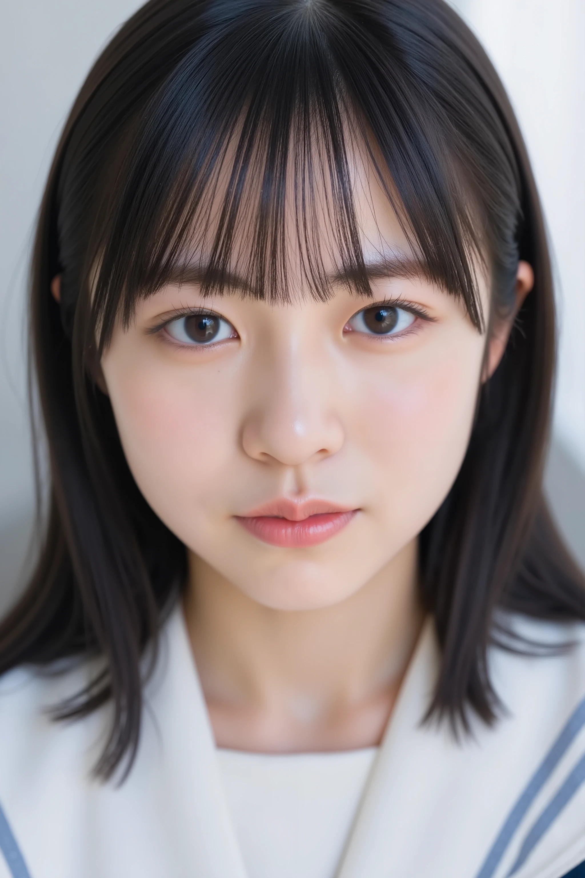 white sailor uniform, This photo captures a beautiful Japanese woman.
The image is very high resolution, with clear skin texture.
The focus is very sharp and focused on her face.
This is an ultra-high resolution image.
She is facing forward. ((close-up face:1.6)),
Natural makeup that looks like no makeup.
She has shiny black hair.
Her skin is beautiful, fair, fine-grained, and even.