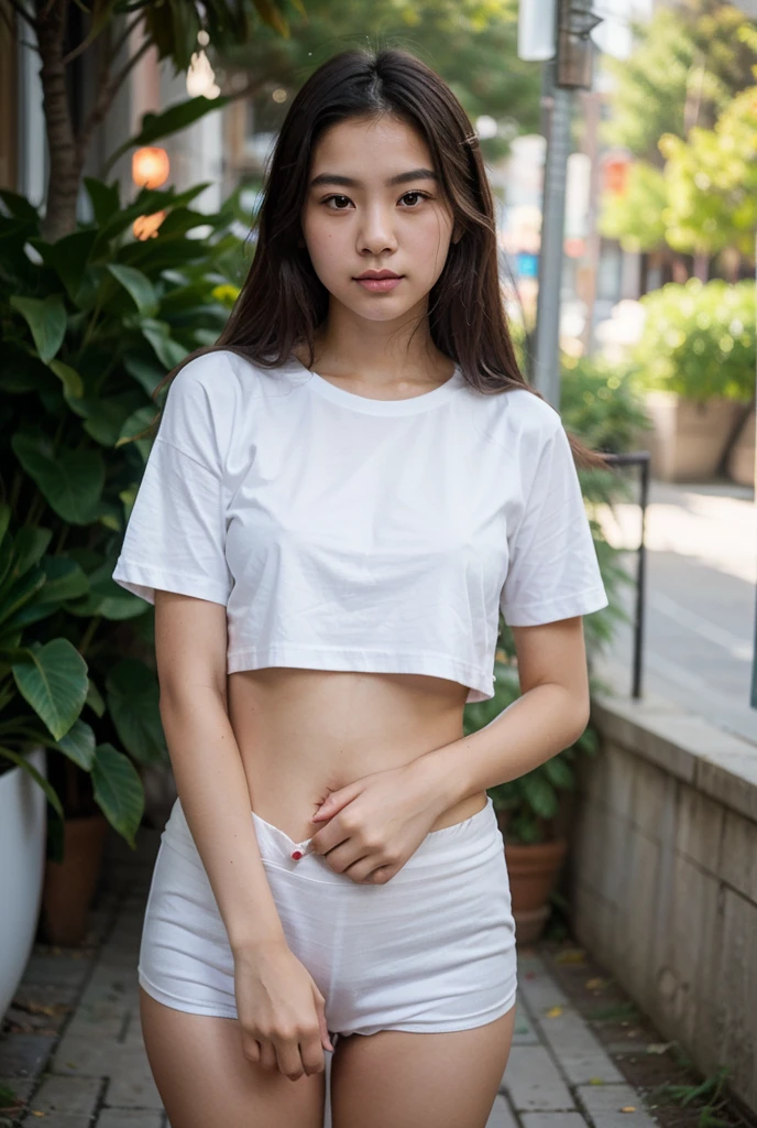 ((Best quality, 8k, Masterpiece: 1.3, raw photo)), Sharp focus: 1.2, (1 AESPA girl: 1.1), (realistic, photo-realistic:1.37), face focus, cute face, kindness, small ???????, flat ?????, brunette short messy hair, standing hands on ????, (wet white shirt: 1.1), panties, rain, garden, park, sunlight, cinematic lighting