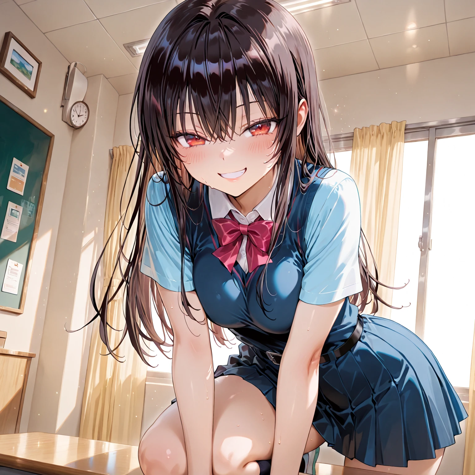 high school student、Women、School classroom、(Big Breasts)、smirk、curvy、(((((1 girl)))))、(from below)、