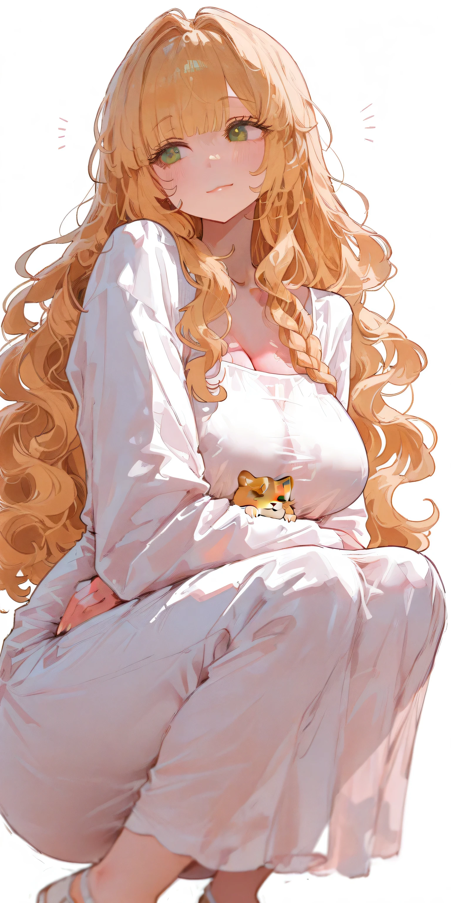 masterpiece, Best Quality, great quality,great details,8K,beautiful body ratio, solo,girl, front tilt, simple white background, gentle smile, motherly gaze, hamster face, bright kind eyes, blonde long wavy hair, braided, bangs, green eyes, long hair,big breasts,slender waist,onepiece dress,squatting,open knees,otintin