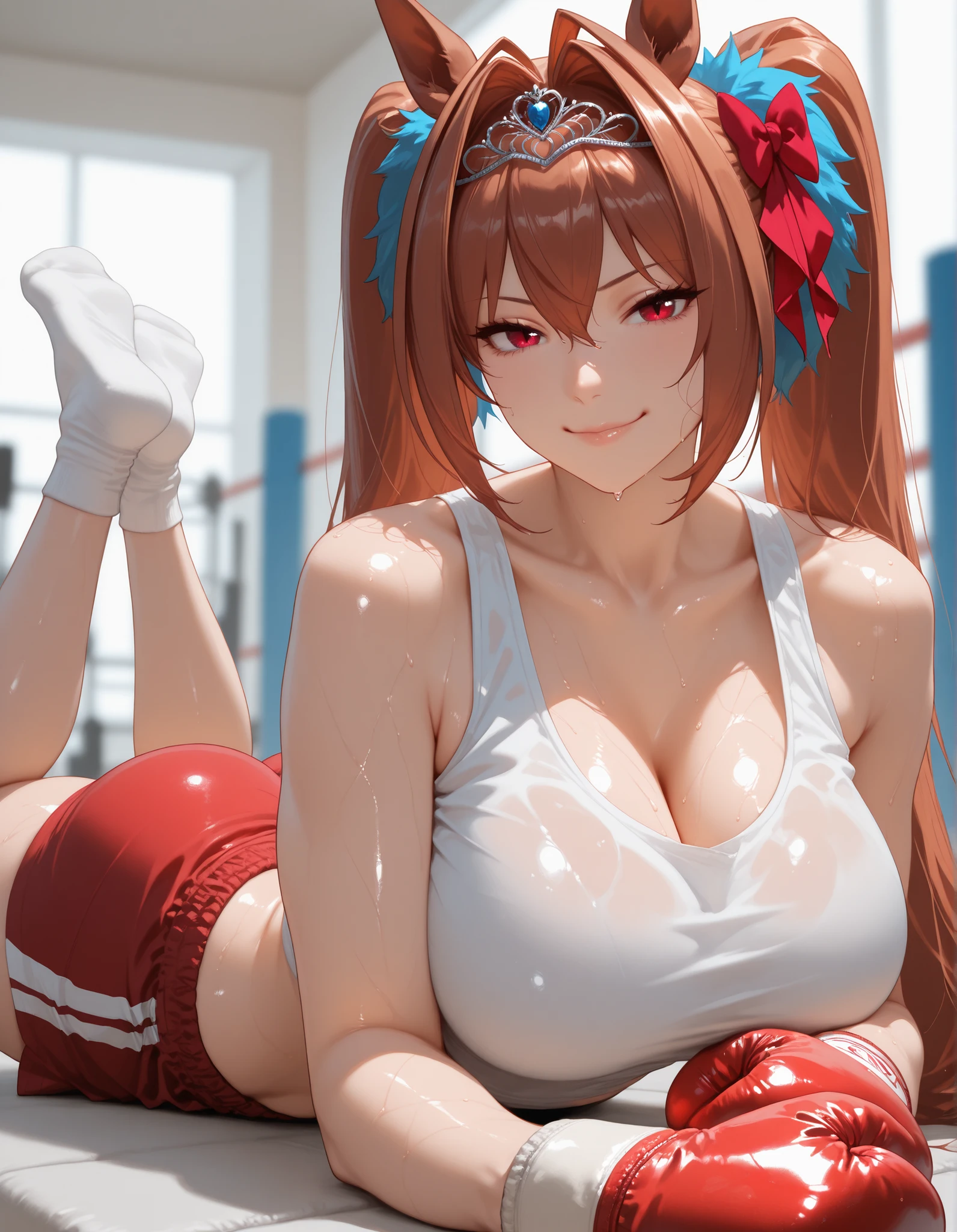 score_9, masterpiece, top quality, vibrant, Very Aesthetic, High Contrast , Semi-realistic, , natural light, Daiwa Scarlet, dwstdef, horse tail, brown hair, hair intakes, hair between eyes, twintails, hair bow, red bow, tiara, animal ears, red eyes, , large breasts, sweaty, white shirt, cleavage, bare shoulders, ,midriff, wide hips, thin waist, thick thighs, sexy smile,, shiny skin, seductive, , vivid colors,, , dynamic pose, ,shiny skin, look at viewer, perfect anatomy, indoors, , blurry background, red shorts, sport clothes, perfect hand, gym, indoors,, looking back, naughty eyes, lying , socks, from below, legs up, boxing gloves,