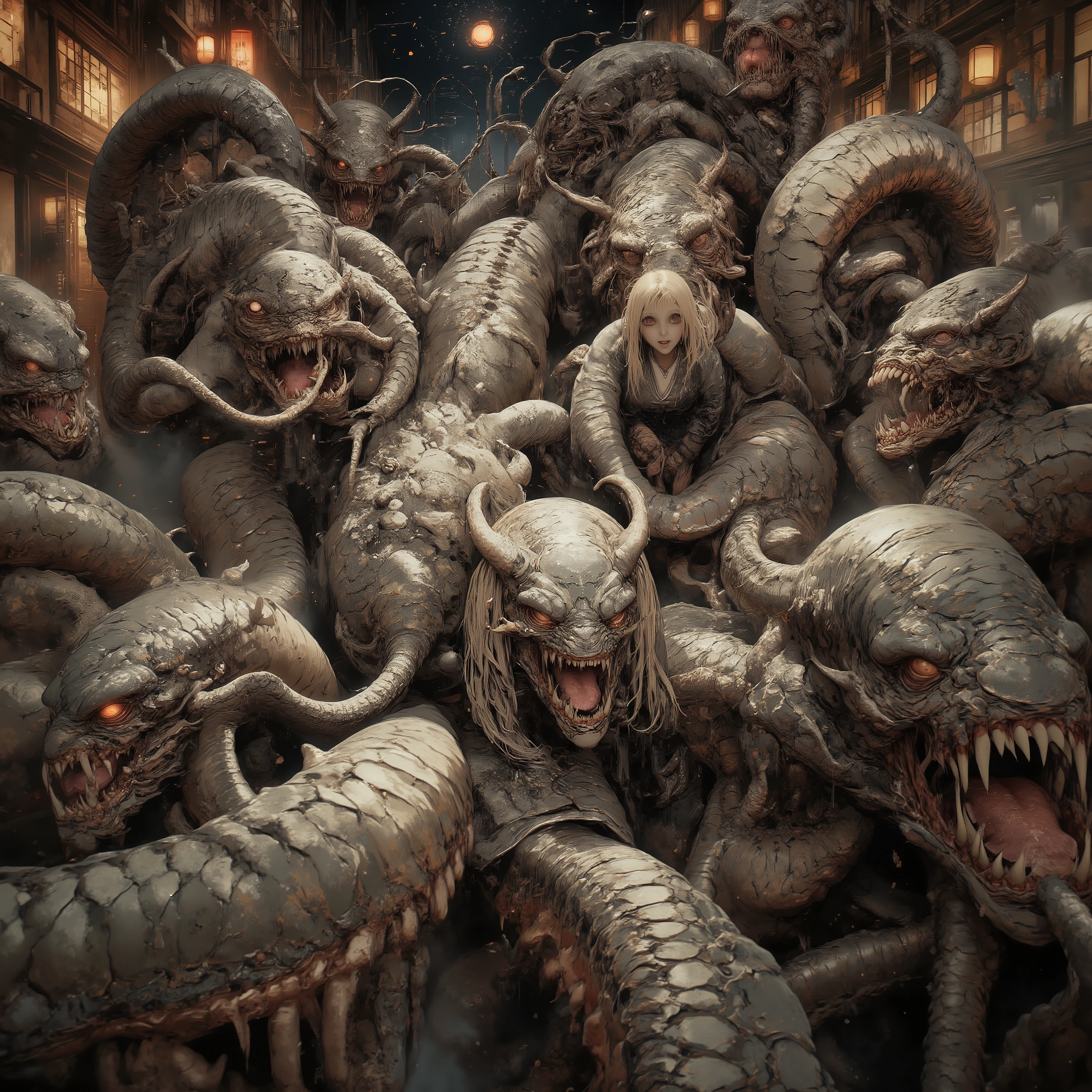  masterpiece, (Highest Quality,  High resolution creation,4K, 8k),  Centipede Tail  、, ((Land of heroes)) , push、long hair、  Blonde  、 braids 、  Japanese Kimono、yukata、 perfect face 、 masterpiece, anatomically accurate , Highest Quality, textured skin,  Film lighting effects, animation screenshot、full body、 Japanese monsters appear、dust particles floating in the air、devil's horn、 Japanese monster group、Hyakki Yagyayo、 Bon Odori venue、 A horde of monsters（ painted wall with bright windows、 Nezumiman、Big centipede、 Shadow Clover、 Azuki Arai、 Makuragashi 、Cat Eared Girl）、、A line of lanterns、 Many monsters、Fair、Festival、stole、