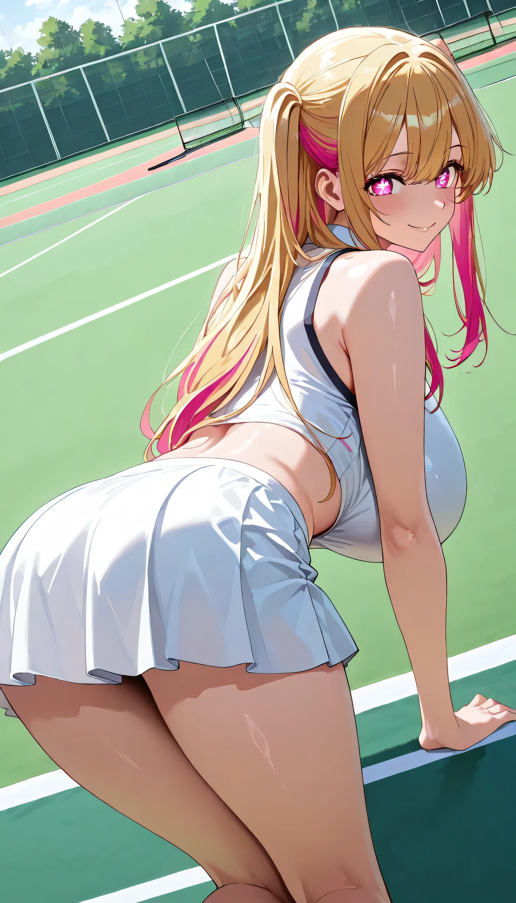 ????? shot、tennis wear、Beautiful Girl Magician、blonde twintails、((whole body))、(((photo taken from below)))、Tennis court