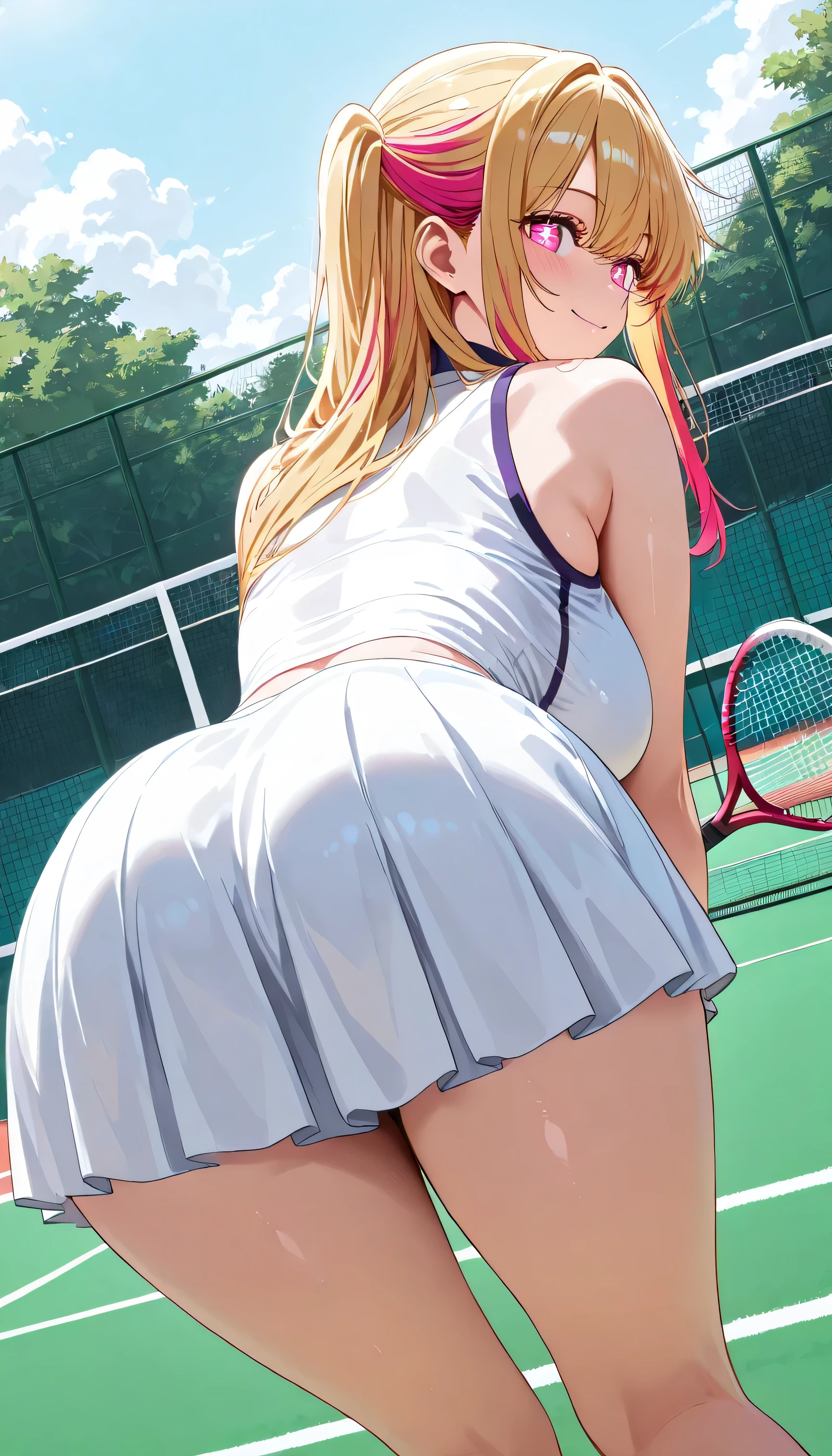 ( best quality , 8k , masterpiece , incredibly absurdres , perfect body , super detailed skin , highly detailed eyes and face , huge hip ,1 woman , solo ) , ruby hoshino, long hair, bangs, blonde hair, pink eyes, sidelocks, symbol-shaped pupils, multicolored hair, two-tone hair, smile , ( tennis court , tennis court , white miniskirt, bent over , from behind , dutch angle : 1.2 ) , ( large breasts )