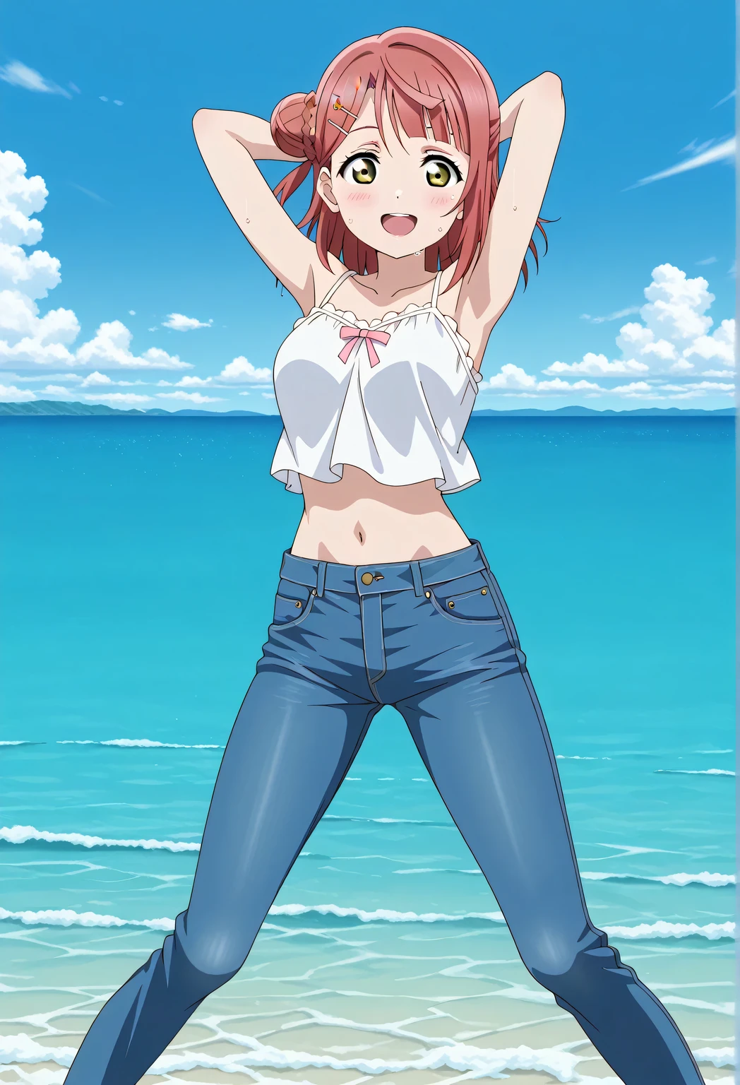 score_9, score_8_up, score_7_up, source_anime, highres, hi res, ((best quality, top quality, perfect quality, Highest Quality, amazing quality)), {{masterpiece}}, {{an extremely delicate and beautiful}}, 2d, intricate details, official style, anime, 8k, anime style, official_anime, official art, digital painting, cell shading, soft shading, high resolution, soothing tones, Subdued Color, Soft cinematic light, adobe lightroom, photolab, HDR, intricately and hyper-detailed, ((high quality animation)), 1 girl, Alone, solo, ((ocean)), tsunami, on the water, day, sunny, outdoors, sky, windy, ayumu uehara, Love Live! Nijigasaki High School Idol Club, bangs, hair ornament, green eyes, yellow eyes, red hair, hairclip, blunt bangs, medium hair, hair bun, single hair bun, half updo, hairpin, single side bun, braided bun, anime coloring, anime screencap, medium breasts, white camisole top, crop top, white crop top, best quality, hyper-detailed jeans, ((blue jeans:1.9)), (dark blue jeans:0.6), full medium body, medium shot, Open mouth, smiling, happy face, blush, sweat, standing, ((arms behind head:6.0)), ((perfect arm line:2.5)), bowlegged, jumping pose, action, looking at viewer, spread legs, Bend knees slightly, straight-on front view