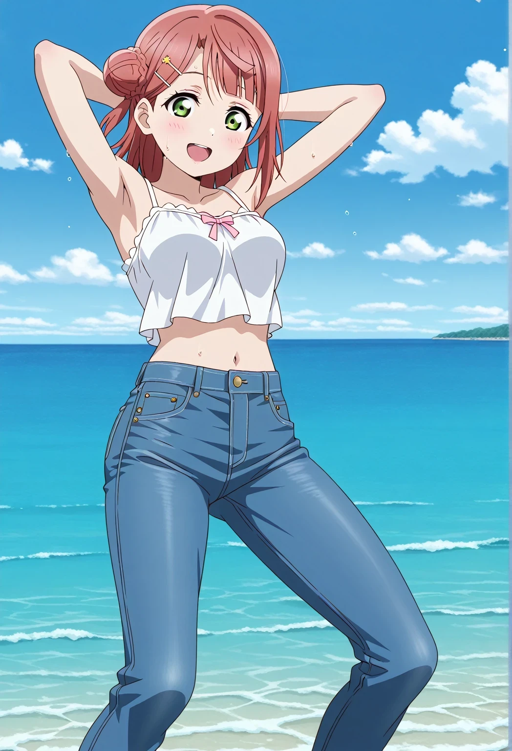 score_9, score_8_up, score_7_up, source_anime, highres, hi res, ((best quality, top quality, perfect quality, Highest Quality, amazing quality)), {{masterpiece}}, {{an extremely delicate and beautiful}}, 2d, intricate details, official style, anime, 8k, anime style, official_anime, official art, digital painting, cell shading, soft shading, high resolution, soothing tones, Subdued Color, Soft cinematic light, adobe lightroom, photolab, HDR, intricately and hyper-detailed, ((high quality animation)), 1 girl, Alone, solo, ((ocean)), tsunami, on the water, day, sunny, outdoors, sky, windy, ayumu uehara, Love Live! Nijigasaki High School Idol Club, bangs, hair ornament, green eyes, yellow eyes, red hair, hairclip, blunt bangs, medium hair, hair bun, single hair bun, half updo, hairpin, single side bun, braided bun, anime coloring, anime screencap, medium breasts, white camisole top, crop top, white crop top, best quality, hyper-detailed jeans, ((blue jeans:1.9)), (dark blue jeans:0.6), full medium body, full shot, Open mouth, smiling, happy face, blush, sweat, standing, ((arms behind head:6.0)), ((perfect arm line:2.5)), bowlegged, jumping pose, action, looking at viewer, spread legs, Bend knees slightly, straight-on front view