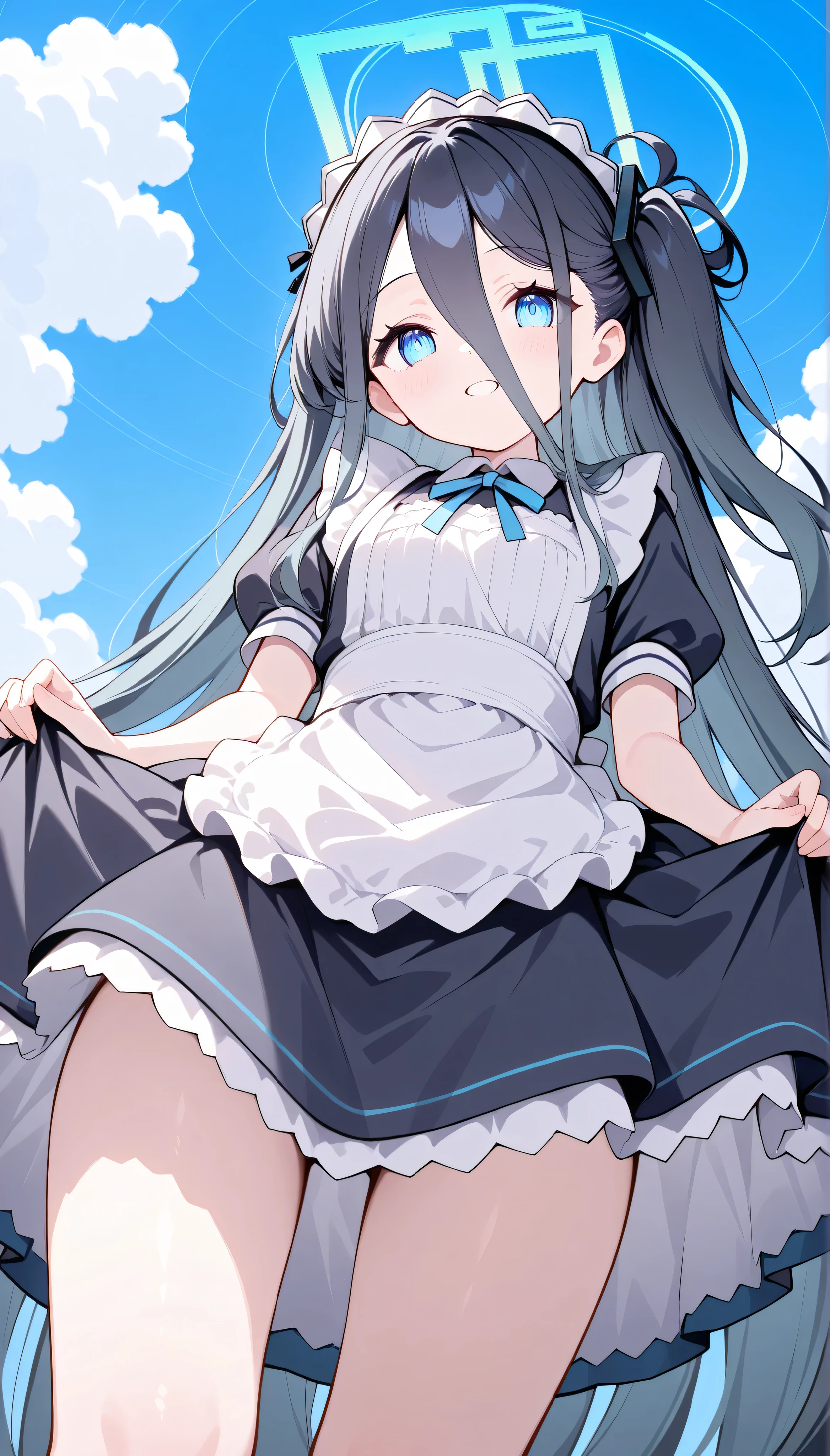 aris (blue archive),black hair,blue eyes,one side up,absurdly long hair, hair between eyes,black hairband,halo, solo, I can see my eyebrows from the inside of my hair, hair between eyes, masterpiece, Best Quality, very aesthetic, outdoor, blue sky, looking at viewer, from below, alicecos, garden