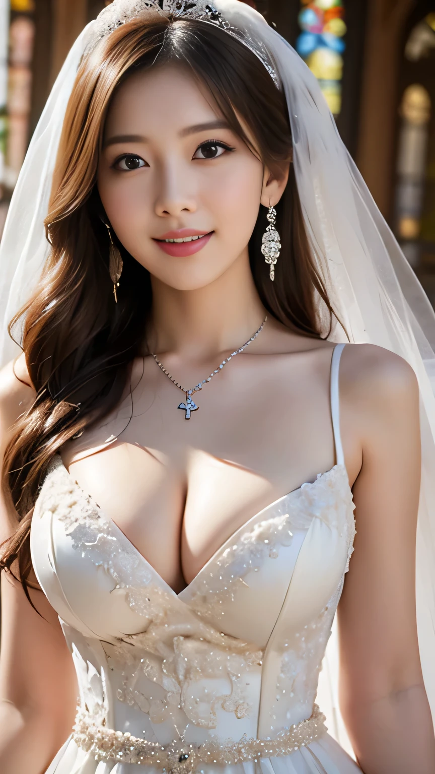 (Highest quality、Tabletop、8K、Best image quality、Award-winning works)、One beautiful bride、(alone:1.1)、(The most extravagant and gorgeous huge wedding dresses:1.1)、(Perfect Wedding Lace:1.2)、(The most extravagant and luxurious giant tiara:1.1)、(The most extravagant and luxurious giant necklace:1.1)、The most beautiful smile is looking at me、A wide selection of the finest jewellery、(Bridal upper body photo:1.1)、Perfect Makeup、Long eyelashes、Ultra HD Shining Eyes、Ultra HD Hair、Ultra-high resolution glossy lips、Ultra High Resolution Perfect Teeth、Super high resolution beautiful face、(Accurate ???????:1.1)、(Very bright and beautiful skin:1.2)、(very bright and vivid:1.2)、(Blurred fresh natural background:1.1)