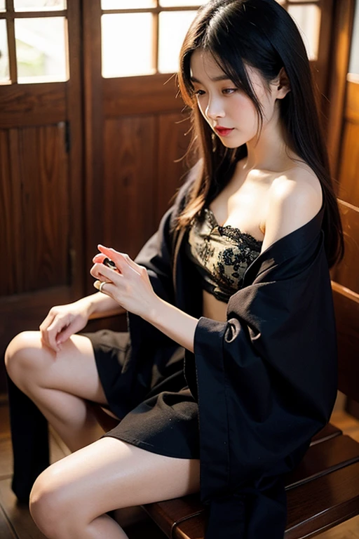 Gothic warrior queen wearing dark red kimono robe and midi skirt, satin, fur, (stockings), Decolletage, natural ???????, Backwards and ????????????, zettai ryouiki, medium length hair, Beautiful detailed golden eyes, portrait, most realistic, highest quality, best pixel, 8k ultra