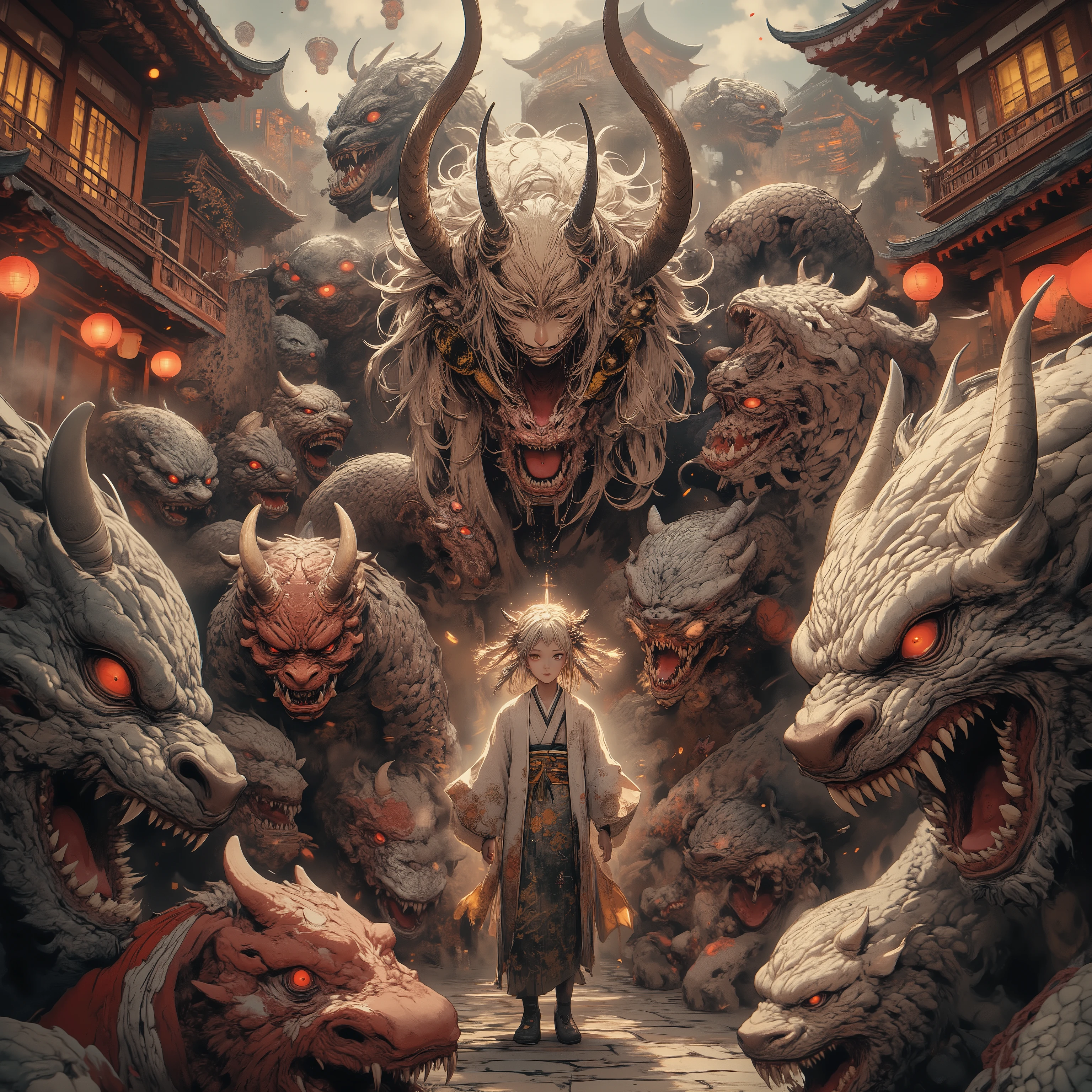 masterpiece, (Highest Quality, High resolution creation,4K, 8k), Centipede Tail 、, ((Land of heroes)) , push、long hair、 Blonde 、 braids 、 Japanese Kimono、yukata、 perfect face 、 masterpiece, anatomically accurate , Highest Quality, textured skin, Film lighting effects, animation screenshot、full body、 Japanese monsters appear、dust particles floating in the air、devil's horn、 Japanese monster group、Hyakki Yagyayo、 Bon Odori venue、 A horde of monsters( painted wall with bright windows、 Nezumiman、Big centipede、 Shadow Clover、 Azuki Arai、 Makuragashi 、Cat Eared Girl)、、A line of lanterns、 Many monsters、Fair、Festival、stole、