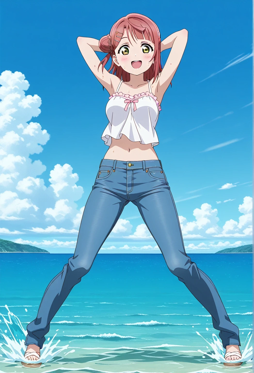 score_9, score_8_up, score_7_up, source_anime, highres, hi res, ((best quality, top quality, perfect quality, Highest Quality, amazing quality)), {{masterpiece}}, {{an extremely delicate and beautiful}}, 2d, intricate details, official style, anime, 8k, anime style, official_anime, official art, digital painting, cell shading, soft shading, high resolution, soothing tones, Subdued Color, Soft cinematic light, adobe lightroom, photolab, HDR, intricately and hyper-detailed, ((high quality animation)), 1 girl, Alone, solo, ((ocean)), tsunami, on the water, day, sunny, outdoors, sky, windy, ayumu uehara, Love Live! Nijigasaki High School Idol Club, bangs, hair ornament, green eyes, yellow eyes, red hair, hairclip, blunt bangs, medium hair, hair bun, single hair bun, half updo, hairpin, single side bun, braided bun, anime coloring, anime screencap, medium breasts, white camisole top, crop top, white crop top, best quality, hyper-detailed jeans, ((blue jeans:1.9)), (dark blue jeans:0.6), full body, full shot, Open mouth, smiling, happy face, blush, sweat, standing, ((arms behind head:6.0)), ((perfect arm line:2.5)), bowlegged, sliding pose, action, looking at viewer, spread legs, Bend knees slightly, straight-on front view