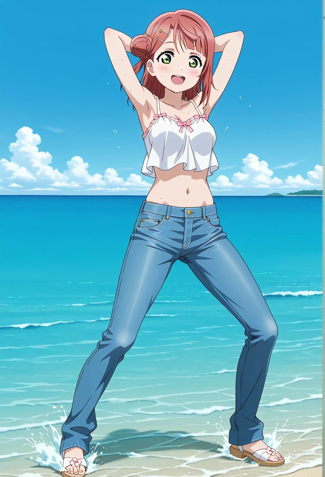 score_9, score_8_up, score_7_up, source_anime, highres, hi res, ((best quality, top quality, perfect quality, Highest Quality, amazing quality)), {{masterpiece}}, {{an extremely delicate and beautiful}}, 2d, intricate details, official style, anime, 8k, anime style, official_anime, official art, digital painting, cell shading, soft shading, high resolution, soothing tones, Subdued Color, Soft cinematic light, adobe lightroom, photolab, HDR, intricately and hyper-detailed, ((high quality animation)), 1 girl, Alone, solo, ((ocean)), tsunami, on the water, day, sunny, outdoors, sky, windy, ayumu uehara, Love Live! Nijigasaki High School Idol Club, bangs, hair ornament, green eyes, yellow eyes, red hair, hairclip, blunt bangs, medium hair, hair bun, single hair bun, half updo, hairpin, single side bun, braided bun, anime coloring, anime screencap, medium breasts, white camisole top, crop top, white crop top, best quality, hyper-detailed jeans, ((blue jeans:1.9)), (dark blue jeans:0.6), full body, medium shot, Open mouth, smiling, happy face, blush, sweat, standing, ((arms behind head:6.0)), ((perfect arm line:2.5)), bowlegged, sliding pose, action, looking at viewer, spread legs, Bend knees slightly, straight-on front view