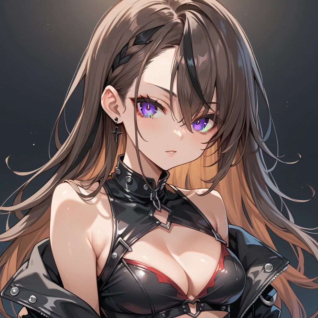 (realisitic:1.4)、top-quality、超A high resolution、 4K, Instagram, ighly detailed、 Wearing rubber :1.3)、 FULL BODYSHOT、 Virtual Girl - Aim、medium breasts⁩、straight haired、long、A dark-haired、Black eye、crystal earrings、s Armor、tits out、Lower clothes --auto