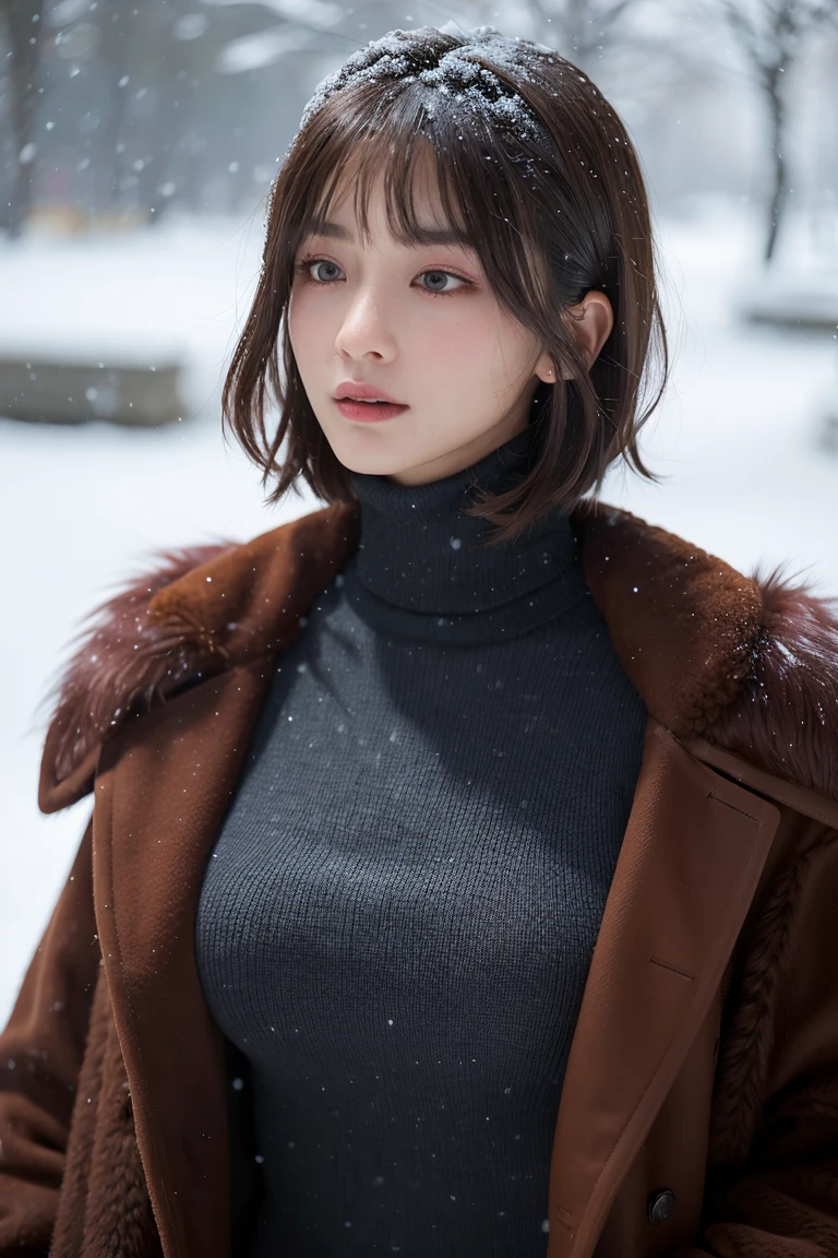 (table top、highest quality、8K、Award-winning work、ultra high resolution)、one beautiful woman、(Wear a thick, large fur coat and a turtleneck knit elegantly:1.3)、that's right、brown hair、(short hair:1.1)、epic movie lighting、(Romantic affection:1.1)、(The most romantic and moody atmosphere:1.1)、winter、snow scene、It's snowing、(Walking in the snow in Norway:1.1)、look at me、(very :1.2)、(Most of them emphasize the body line.:1.1)、blurred background、accurate 、Ultra HD Hair、ultra high resolutionの完璧な美しい歯、Ultra high definition beauty face、Ultra HD Hair、Ultra-high definition sparkling eyes、輝くultra high resolutionの美肌、ultra high resolutionの艶やかな唇、(close up of face:1.1)