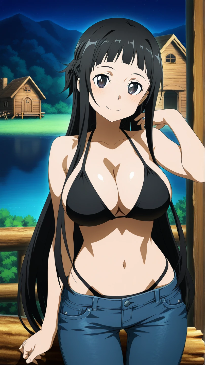 masterpiece, best quality, illustration, highly detailed, chitanda_eru, beautiful detailed eyes, cowboy shot, cleavage, ??????, ?????? skirt, ponytail