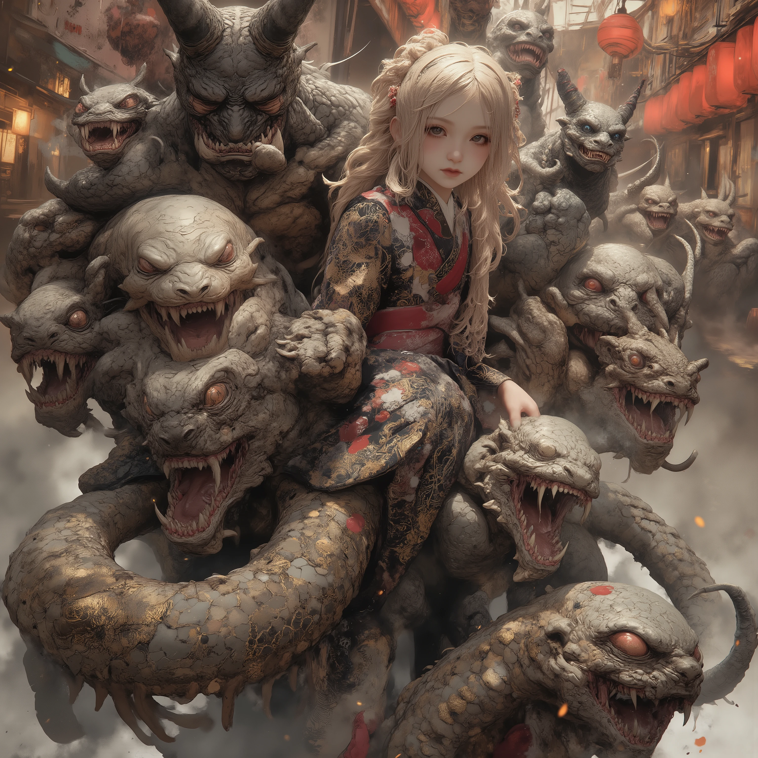 masterpiece, (Highest Quality, High resolution creation,4K, 8k), Centipede Tail 、, ((Land of heroes)) , push、long hair、 Blonde 、 braids 、 Japanese Kimono、yukata、 perfect face 、 masterpiece, anatomically accurate , Highest Quality, textured skin, Film lighting effects, animation screenshot、full body、 Japanese monsters appear、dust particles floating in the air、devil's horn、 Japanese monster group、Hyakki Yagyayo、 Bon Odori venue、 A horde of monsters( painted wall with bright windows、 Nezumiman、Big centipede、 Shadow Clover、 Azuki Arai、 Makuragashi 、Cat Eared Girl)、、A line of lanterns、 Many monsters、Fair、Festival、stole、