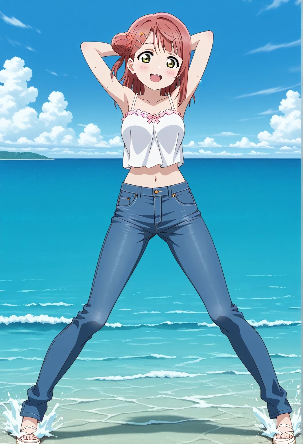 score_9, score_8_up, score_7_up, source_anime, highres, hi res, ((best quality, top quality, perfect quality, Highest Quality, amazing quality)), {{masterpiece}}, {{an extremely delicate and beautiful}}, 2d, intricate details, official style, anime, 8k, anime style, official_anime, official art, digital painting, cell shading, soft shading, high resolution, soothing tones, Subdued Color, Soft cinematic light, adobe lightroom, photolab, HDR, intricately and hyper-detailed, ((high quality animation)), 1 girl, Alone, solo, ((ocean)), tsunami, on the water, day, sunny, outdoors, sky, windy, ayumu uehara, Love Live! Nijigasaki High School Idol Club, bangs, hair ornament, green eyes, yellow eyes, red hair, hairclip, blunt bangs, medium hair, hair bun, single hair bun, half updo, hairpin, single side bun, braided bun, anime coloring, anime screencap, medium breasts, white camisole top, crop top, white crop top, best quality, hyper-detailed jeans, ((blue jeans:1.9)), (dark blue jeans:0.6), full medium body, full shot, Open mouth, smiling, happy face, blush, sweat, standing, ((arms behind head:6.0)), ((perfect arm line:2.5)), bowlegged, sliding pose, action, looking at viewer, spread legs, Bend knees slightly, straight-on front view