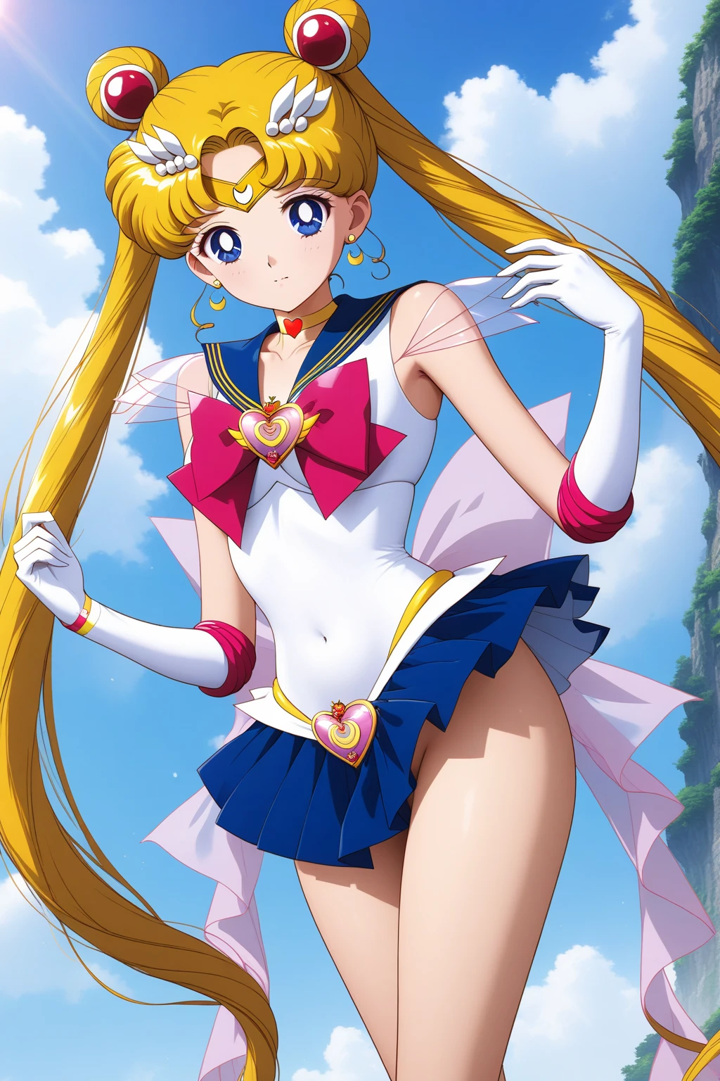 (masterpiece, best quality, very aesthetic, ultra detailed), intricate details, 4k, aausagi, long hair, double bun, twintails, hair ornament, parted bangs, tiara, earrings, blue eyes, heart choker, blue sailor collar, red bow, white shirt, see-through, elbow gloves, white gloves, multicolored skirt, white skirt, <lora:sailor_moon_animaginexl_v1:0.9>, sitting, throne, indoors, crossed legs