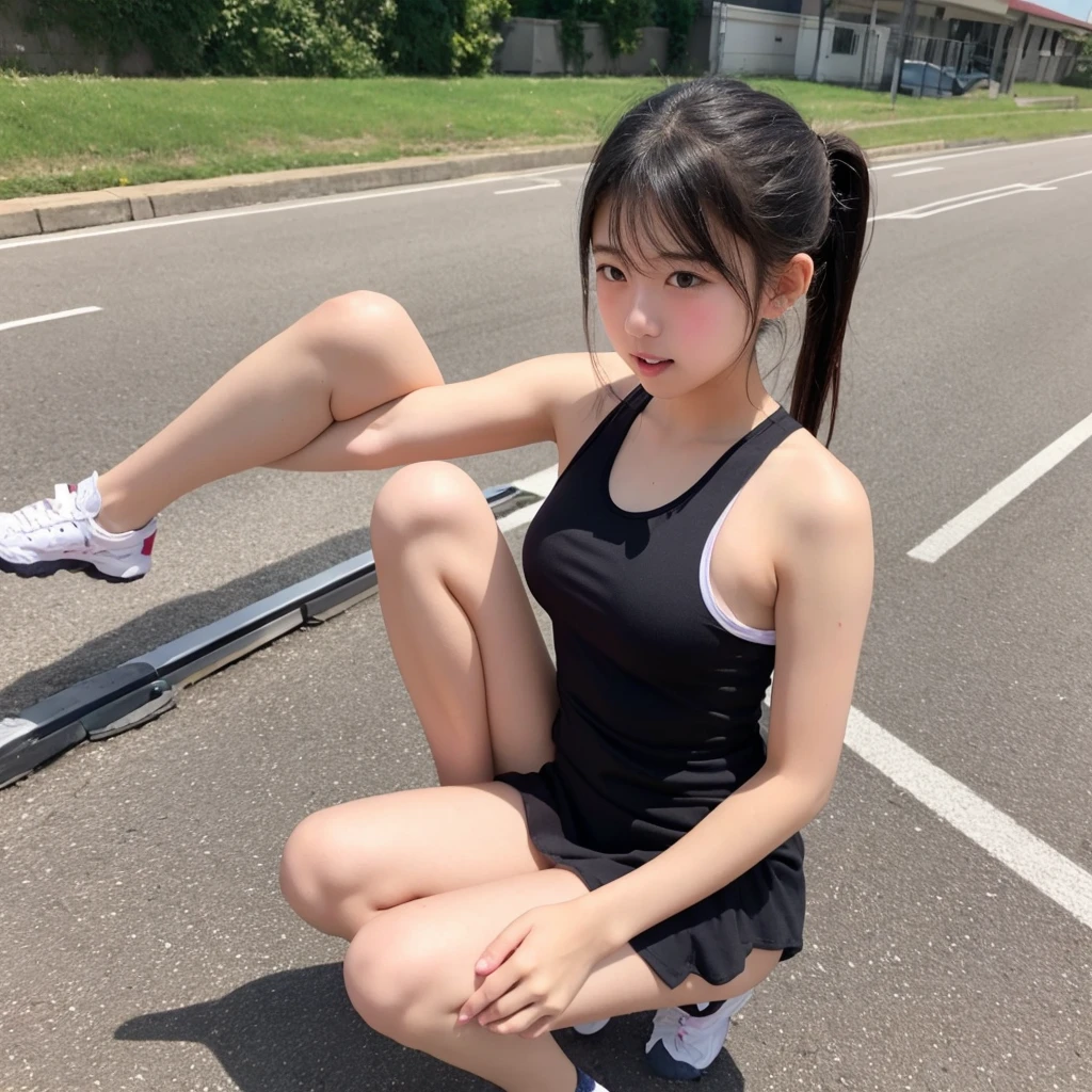 (masterpiece, highest quality:1.4), Award-winning portraits, 8k, 85mm, alone, Beautiful Face, Delicate girl,  (Cheerleader、On the grass), Sophisticated, cute, 15 years old, RAW Photos, Confused, High resolution, Sharp focus, Background Blur、(((flat  、thin and delicate body、Childish atmosphere)))、shiny semi-long hair、ponytail、Mole on the left cheek、 Dark blue eyes、the skirt is swaying in the wind、Hair swaying in the wind、sexy、flexible legs、naked