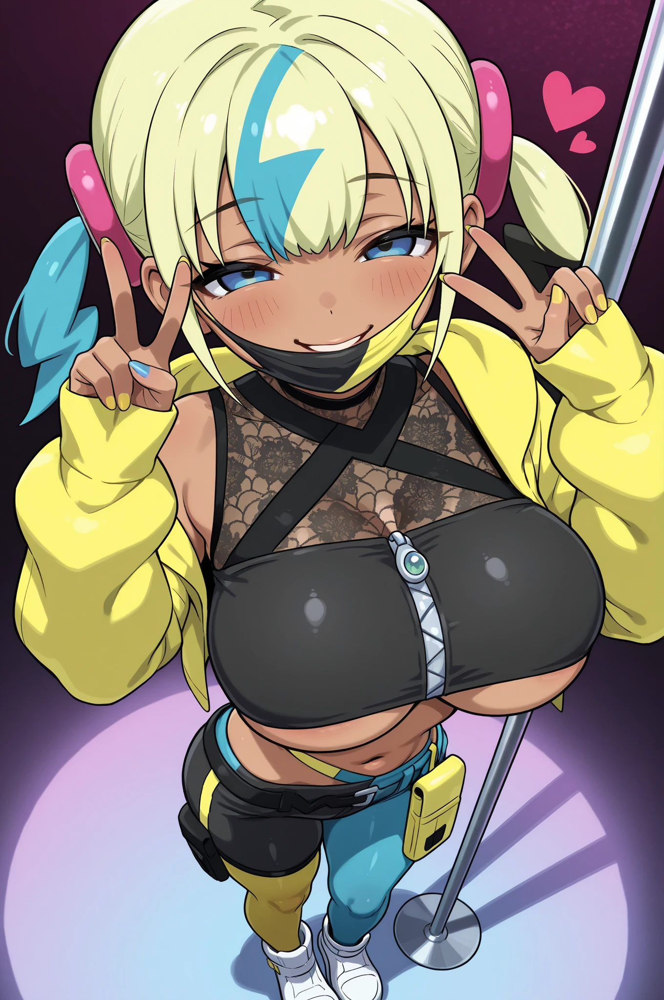 masterpiece,best quality,amazing quality,very aesthetic,absurdres,ultra detailed face,ultra detailed eyes,, 1girl, solo, , canari, dark skin, multicolored hair, two-tone hair, blonde hair, blue hair, twintails, blue eyes, hair ornament, huge breasts, underboob, navel, midriff, mouth mask, yellow jacket, hooded jacket, open jacket, long sleeves, sleeves past wrists, crop top, zipper, nail polish, yellow nails, blue nails, shorts, pouch, belt, white footwear, standing, pole dancing, seductive smile, blush, looking at viewer, v, looking at viewer, heart,pantyhose,hollow eyes,lovestruck,from above,lace bodysuits,black bra