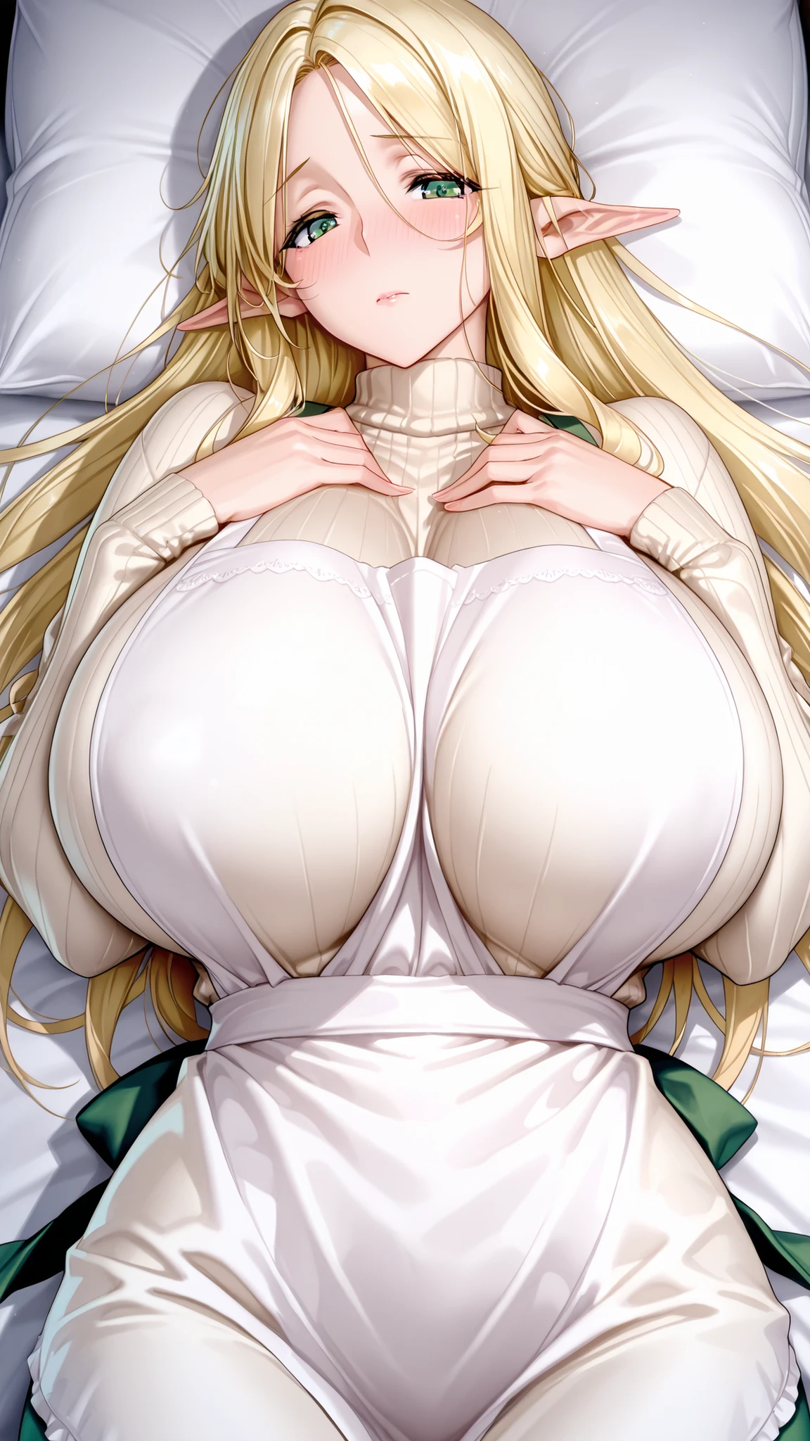 1 girl, mature, blonde hair, long hair, green eyes, elf, massive , sweater, apron, blushing, lying on bed, hands on , looking at viewer