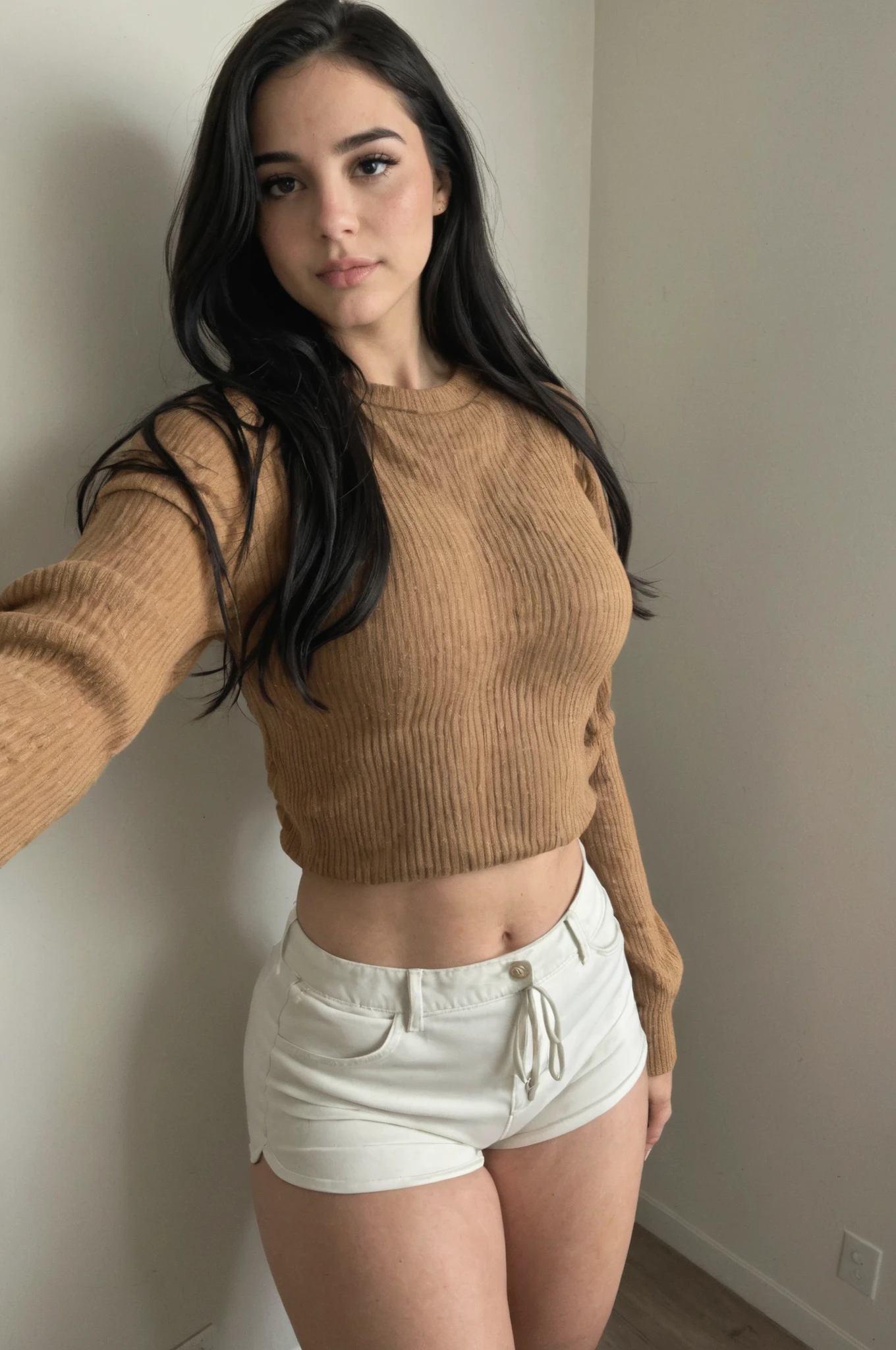 An Arabian-looking woman with BLACK hair and a brown sweater posing for a photo, Beautiful Dolphin, Black wig , she has long black hair, dyed black hair, with black hair, long loose black hair, long black hair, with long black hair, amaranth, nodded, cabello liso negro, with black hair, black hair, WEARING A BROWN SWEATER POSING FOR A PHOTO, WEARING A TIGHT BLACK SHORT, cotton shorts.