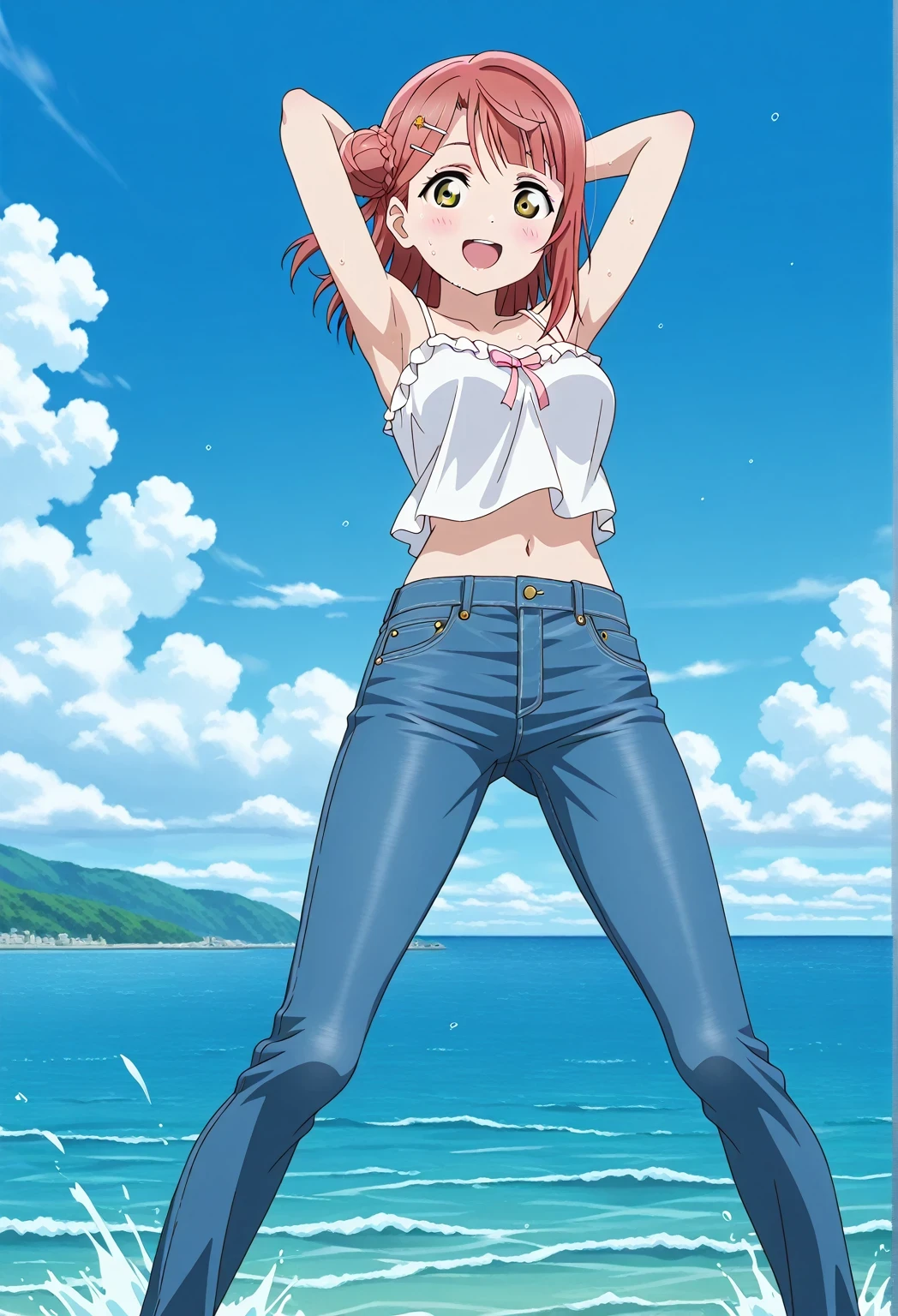 score_9, score_8_up, score_7_up, source_anime, highres, hi res, ((best quality, top quality, perfect quality, Highest Quality, amazing quality)), {{masterpiece}}, {{an extremely delicate and beautiful}}, 2d, intricate details, official style, anime, 8k, anime style, official_anime, official art, digital painting, cell shading, soft shading, high resolution, soothing tones, Subdued Color, Soft cinematic light, adobe lightroom, photolab, HDR, intricately and hyper-detailed, ((high quality animation)), 1 girl, Alone, solo, ((ocean)), tsunami, on the water, day, sunny, outdoors, sky, windy, ayumu uehara, Love Live! Nijigasaki High School Idol Club, bangs, hair ornament, green eyes, yellow eyes, red hair, hairclip, blunt bangs, medium hair, hair bun, single hair bun, half updo, hairpin, single side bun, braided bun, anime coloring, anime screencap, medium breasts, white camisole top, crop top, white crop top, best quality, hyper-detailed jeans, ((blue jeans:1.9)), (dark blue jeans:0.6), full medium body, full shot, Open mouth, smiling, happy face, blush, sweat, standing, ((arms behind head:6.0)), ((perfect arm line:2.5)), perfect hand line, bowlegged, sliding pose, action, looking at viewer, spread legs, Bend knees slightly, straight-on front view