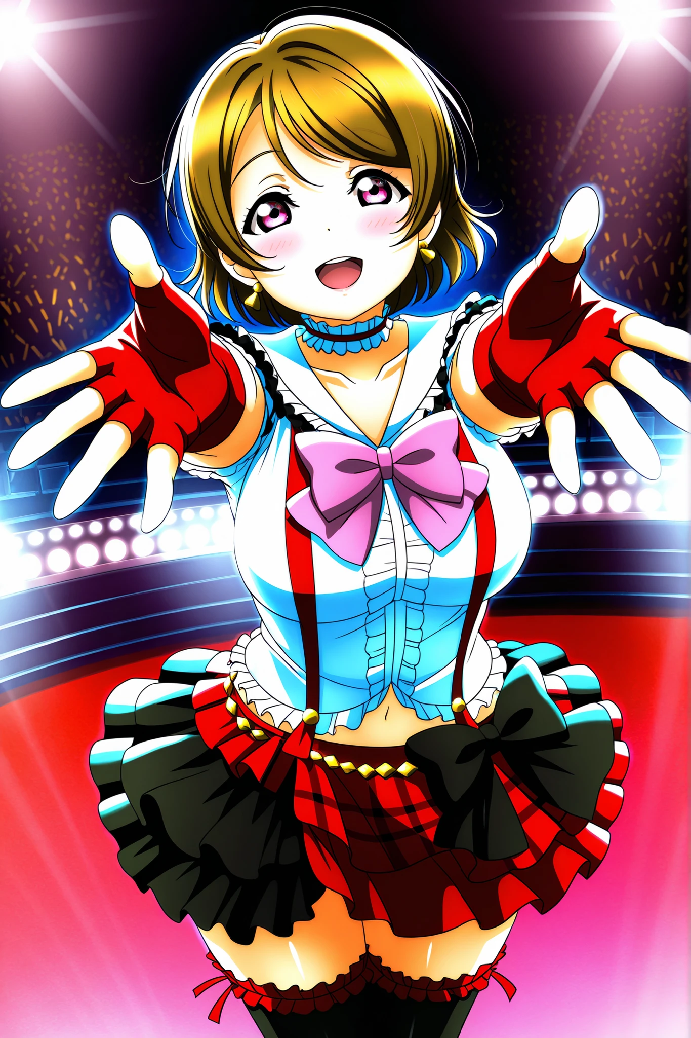 Love Live official artwork, game cg quality, love live, professional art, highres, hdr, glossy shiny skin, shiny silky hair,soft directional lighting from right, vibrant colors, koizumi hanayo,solo , cowboy shot,nico_stagecostume, collared shirt, fingerless gloves, choker, layered skirt, suspender skirt, half-skirt, black side bow,  bow, frilled thighhighs,jumb, knees together ,one hand reaching ,big breasts,in middle of motion, stage background ,day