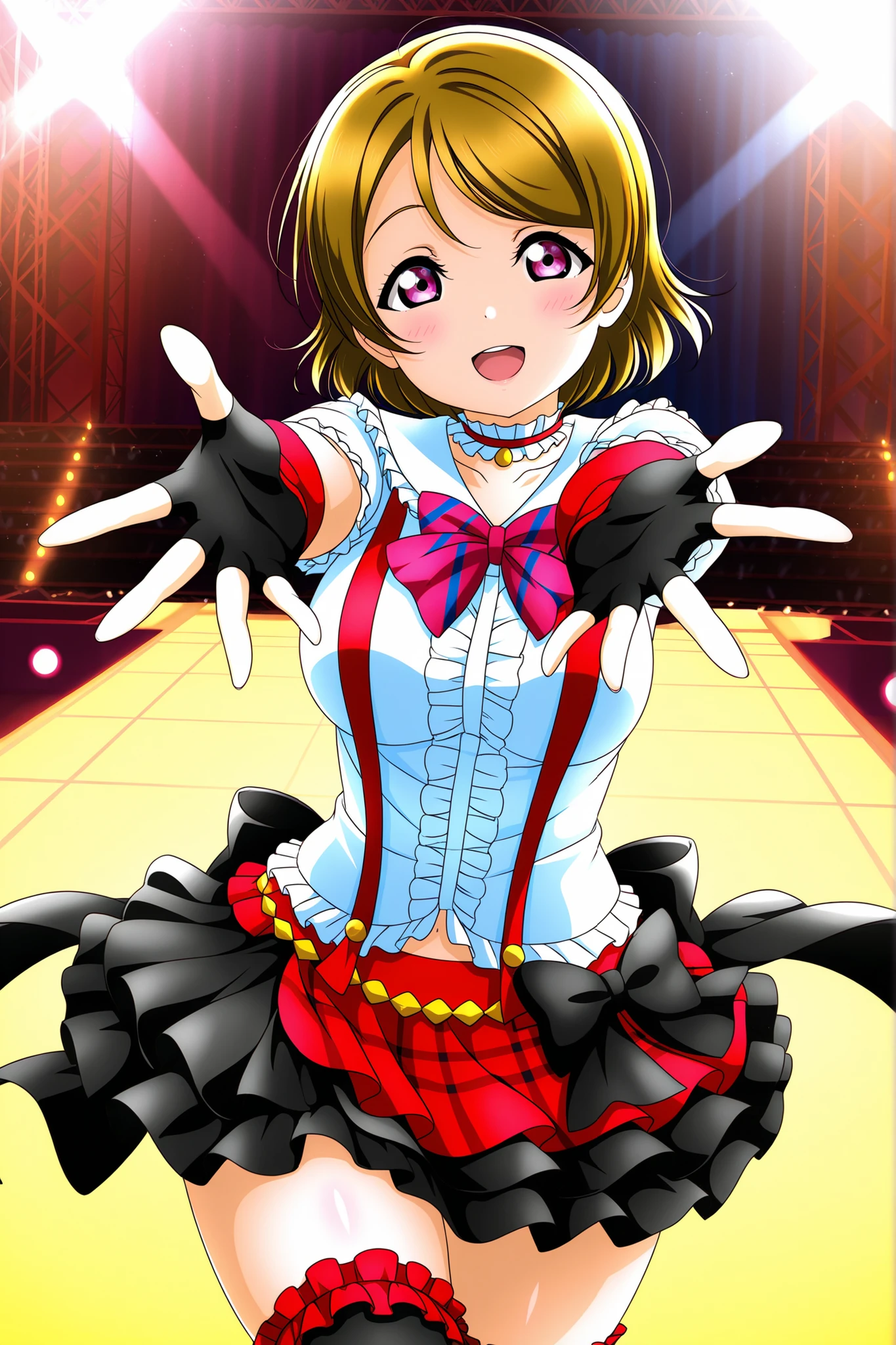 Love Live official artwork, game cg quality, love live, professional art, highres, hdr, glossy shiny skin, shiny silky hair,soft directional lighting from right, vibrant colors, koizumi hanayo,solo , cowboy shot,nico_stagecostume, collared shirt, fingerless gloves, choker, layered skirt, suspender skirt, half-skirt, black side bow, bow, frilled thighhighs,jumb, knees together ,one hand reaching ,big breasts,in middle of motion, stage background ,day