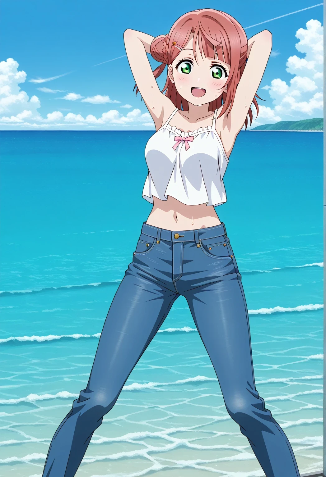 score_9, score_8_up, score_7_up, source_anime, highres, hi res, ((best quality, top quality, perfect quality, Highest Quality, amazing quality)), {{masterpiece}}, {{an extremely delicate and beautiful}}, 2d, intricate details, official style, anime, 8k, anime style, official_anime, official art, digital painting, cell shading, soft shading, high resolution, soothing tones, Subdued Color, Soft cinematic light, adobe lightroom, photolab, HDR, intricately and hyper-detailed, ((high quality animation)), 1 girl, Alone, solo, ((ocean)), tsunami, on the water, day, sunny, outdoors, sky, windy, ayumu uehara, Love Live! Nijigasaki High School Idol Club, bangs, hair ornament, green eyes, yellow eyes, red hair, hairclip, blunt bangs, medium hair, hair bun, single hair bun, half updo, hairpin, single side bun, braided bun, anime coloring, anime screencap, medium breasts, white camisole top, crop top, white crop top, best quality, hyper-detailed jeans, ((blue jeans:1.9)), (dark blue jeans:0.6), full medium body, full shot, Open mouth, smiling, happy face, blush, sweat, standing, ((arms behind head:6.0)), ((perfect arm line:2.5)), perfect hand line, bowlegged, sliding pose, action, looking at viewer, spread legs, Bend knees slightly, straight-on front view