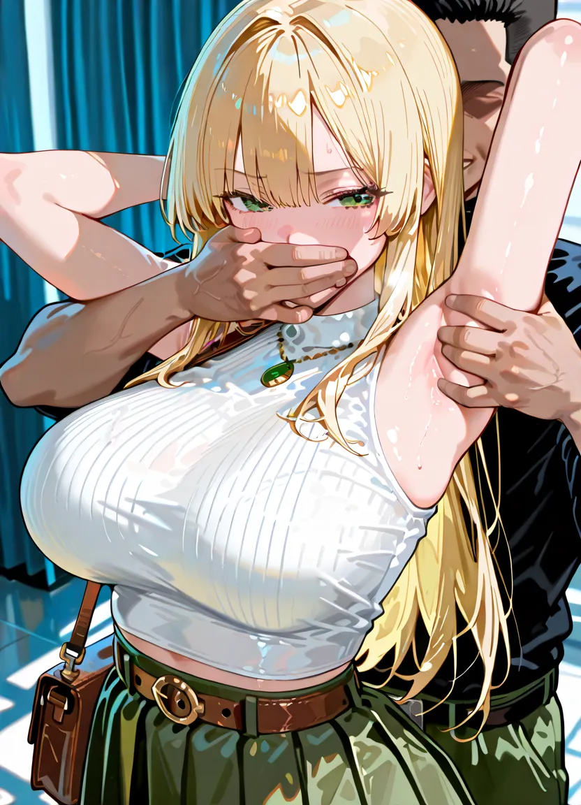 1 girl, detailed blue eyes, lange wimpern, detailed beautiful face, (Long blonde hair:1.4), improvisierter Knebel, (Klebebandknebel:1.6), GEKNEBELT, Klebeband, festgebunden, (arms behind back:1.6), gefesselte Arme, blushing, Tape gag, (Big :1.1), black Mini skirt, White crop top, (sitting on a chair:1.5), sitting at a beach, nah Aufnahmen, looking at the Viewer afraid