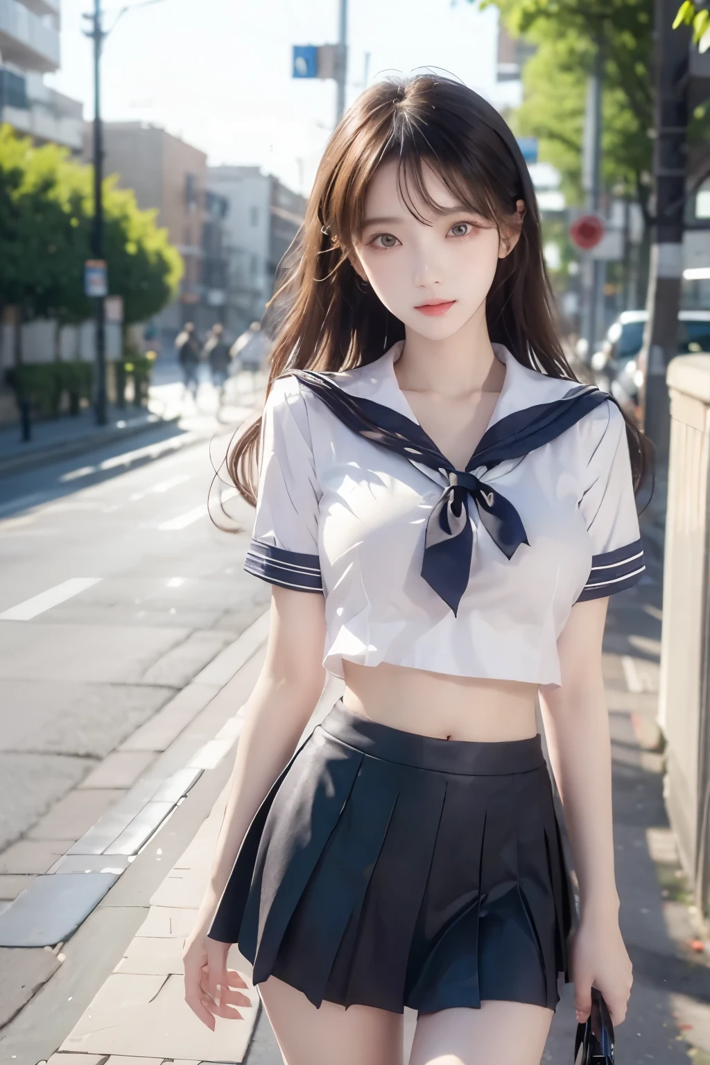 ( Super High Definition), (I'm looking over here), (school uniform:1.2, sailor suit, flared skirt), (Big Breasts:1.2), (Slimness:1.8), ( Read more:1.4), (thin thighs:1.4), ( thin hips:1.6), ( beautiful skin, shiny skin, white skin), (Super slim face, Super beautiful face, makeup, Smile :0.8), ( light brown hair, semi-long, layered cut , fluffy hair), ( big eyes:1.4, High corners of the eyes:1.6, double eyelids), (Thin eyebrows:0.1), ( small nose:0.6), ( thin lips:0.6), downtown