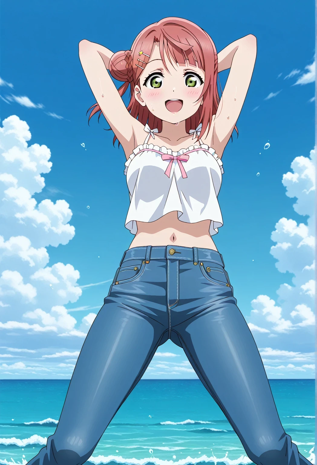 score_9, score_8_up, score_7_up, source_anime, highres, hi res, ((best quality, top quality, perfect quality, Highest Quality, amazing quality)), {{masterpiece}}, {{an extremely delicate and beautiful}}, 2d, intricate details, official style, anime, 8k, anime style, official_anime, official art, digital painting, cell shading, soft shading, high resolution, soothing tones, Subdued Color, Soft cinematic light, adobe lightroom, photolab, HDR, intricately and hyper-detailed, ((high quality animation)), 1 girl, Alone, solo, ((ocean)), tsunami, on the water, day, sunny, outdoors, sky, windy, ayumu uehara, Love Live! Nijigasaki High School Idol Club, bangs, hair ornament, green eyes, yellow eyes, red hair, hairclip, blunt bangs, medium hair, hair bun, single hair bun, half updo, hairpin, single side bun, braided bun, anime coloring, anime screencap, medium breasts, white camisole top, crop top, white crop top, best quality, hyper-detailed jeans, ((blue jeans:1.9)), (dark blue jeans:0.6), full medium body, full shot, Open mouth, smiling, happy face, blush, sweat, standing, ((arms behind head:6.0)), ((perfect arm line:2.5)), perfect hand line, bowlegged, jumping pose, action, looking at viewer, spread legs, Bend knees slightly, straight-on front view, from below