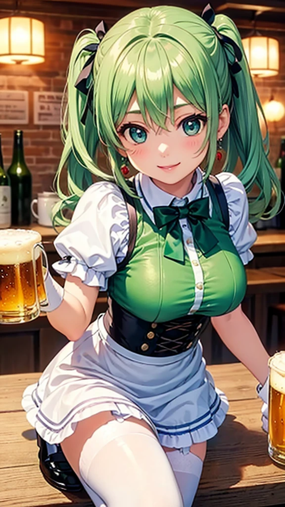 {{{{{masutepiece,Best Quality,ultra-detailliert,8K}}}}},Happy laughter,1 beautiful woman,Cute face,Beautiful green ponytail hairstyle,Cute eyes,pixiv,light-novel,Beautiful Dirndol,Have a mug of bubbling beer and a tray of food,Beautiful Oktoberfest background,