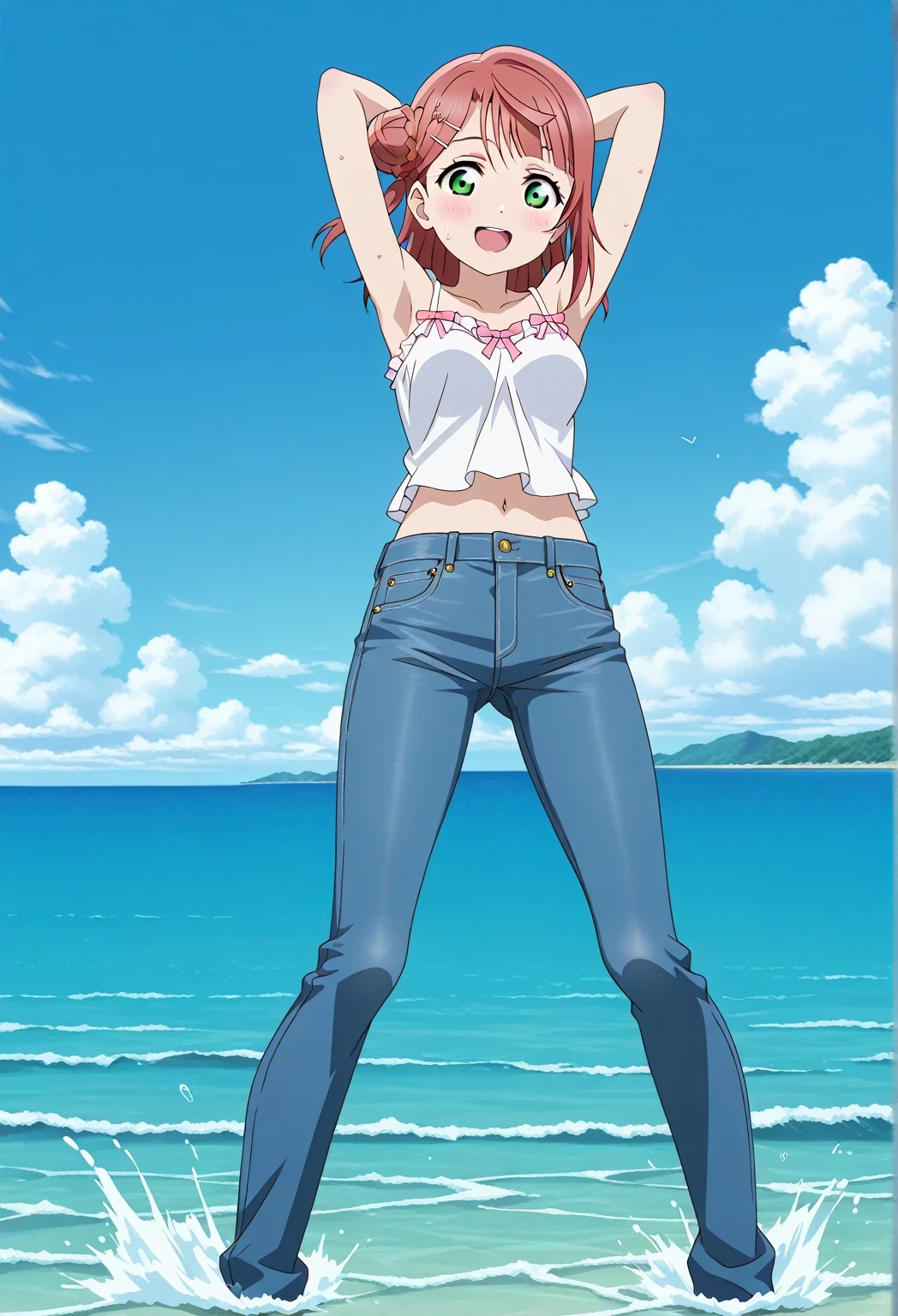 score_9, score_8_up, score_7_up, source_anime, highres, hi res, ((best quality, top quality, perfect quality, Highest Quality, amazing quality)), {{masterpiece}}, {{an extremely delicate and beautiful}}, 2d, intricate details, official style, anime, 8k, anime style, official_anime, official art, digital painting, cell shading, soft shading, high resolution, soothing tones, Subdued Color, Soft cinematic light, adobe lightroom, photolab, HDR, intricately and hyper-detailed, ((high quality animation)), 1 girl, Alone, solo, ((ocean)), tsunami, on the water, day, sunny, outdoors, sky, windy, ayumu uehara, Love Live! Nijigasaki High School Idol Club, bangs, hair ornament, green eyes, yellow eyes, red hair, hairclip, blunt bangs, medium hair, hair bun, single hair bun, half updo, hairpin, single side bun, braided bun, anime coloring, anime screencap, medium breasts, white camisole top, crop top, white crop top, best quality, hyper-detailed jeans, ((blue jeans:1.9)), (dark blue jeans:0.6), full body, full shot, Open mouth, smiling, happy face, blush, sweat, standing, ((arms behind head:6.0)), ((perfect arm line:2.5)), perfect hand line, bowlegged, jumping pose, action, looking at viewer, spread legs, Bend knees slightly, straight-on front view, from below