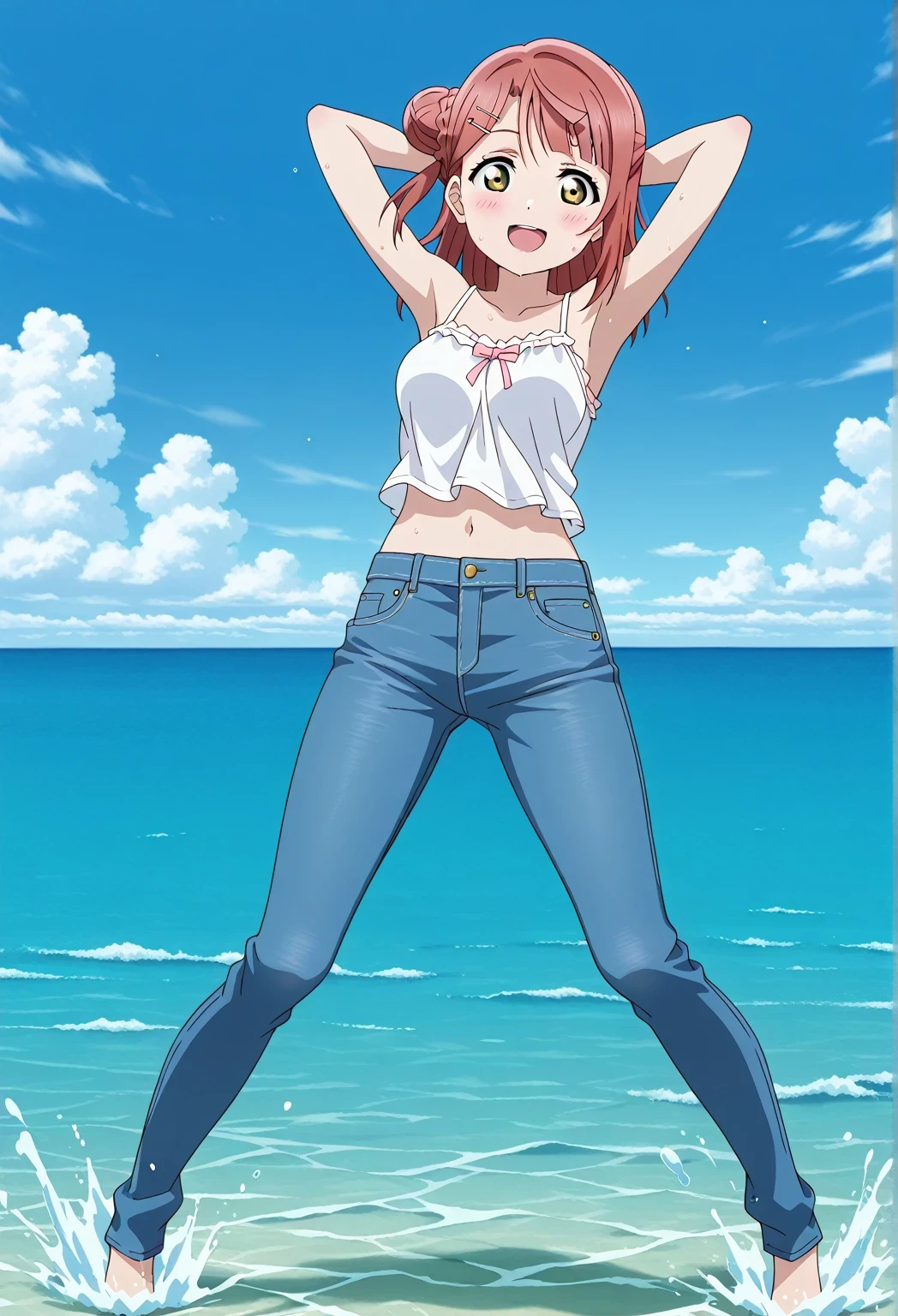 score_9, score_8_up, score_7_up, source_anime, highres, hi res, ((best quality, top quality, perfect quality, Highest Quality, amazing quality)), {{masterpiece}}, {{an extremely delicate and beautiful}}, 2d, intricate details, official style, anime, 8k, anime style, official_anime, official art, digital painting, cell shading, soft shading, high resolution, soothing tones, Subdued Color, Soft cinematic light, adobe lightroom, photolab, HDR, intricately and hyper-detailed, ((high quality animation)), 1 girl, Alone, solo, ((ocean)), tsunami, on the water, day, sunny, outdoors, sky, windy, ayumu uehara, Love Live! Nijigasaki High School Idol Club, bangs, hair ornament, green eyes, yellow eyes, red hair, hairclip, blunt bangs, medium hair, hair bun, single hair bun, half updo, hairpin, single side bun, braided bun, anime coloring, anime screencap, medium breasts, white camisole top, crop top, white crop top, best quality, hyper-detailed jeans, ((blue jeans:1.9)), (dark blue jeans:0.6), full body, full shot, Open mouth, smiling, happy face, blush, sweat, standing, ((arms behind head:6.0)), ((perfect arm line:2.5)), perfect hand line, bowlegged, jumping pose, action, looking at viewer, spread legs, Bend knees slightly, straight-on front view, from below
